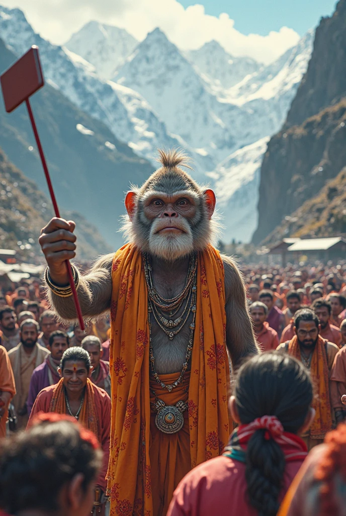 a backdrop depicting a battlefield in grasslands with hundreds of Hanuman army with huge muscular body with divine and devotional facial expressions. The image could show monkey army walking strong and devotional by holding gada over shoulder, creating a sense of strength and determination. It would be quite an impactful wearing saffron cloth.