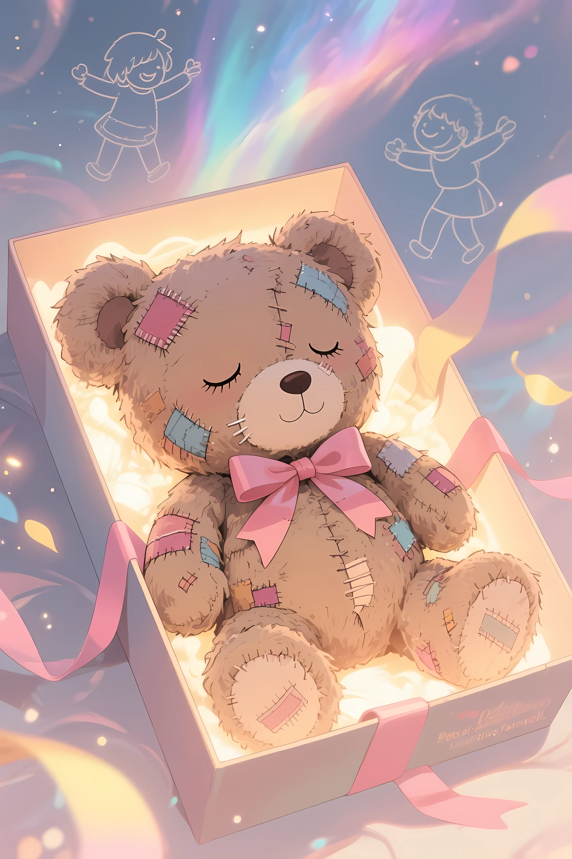 Anime style illustration, "Lots of patchworked and loved  teddy bear" theme, "Positive Farewell."
This illustration depicts a **heavily mended, aged teddy bear**, its fur worn thin from years of boundless affection. Though it bears visible **repair marks** and the irreversible marks of time, its face exudes a profound **sense of fulfillment and quiet contentment**, its **eyes closed** in peaceful slumber. It is carefully placed inside a **ribbon-tied box**, enveloped in a **warm, blessing light** that seems to emanate from within.

**Background:** The background evokes a serene, **dreamlike memory space**, where **wisps of light and faint, shimmering outlines of a child's laughter and movement** subtly fill the air. It's an abstract representation of **joyful recollections**, perhaps resembling **soft, swirling aurora-like colors** (pinks, blues, yellows) that signify happiness and comfort. The entire scene feels like a gentle transition to a peaceful sleep, surrounded by love's echoes.

**Teddy Bear Details:** *heavily mended, aged teddy bear, fur worn thin, boundless affection, visible repair marks, irreversible marks of time, profound sense of fulfillment, quiet contentment, eyes closed in peaceful slumber, carefully placed inside a ribbon-tied box.*
**Lighting & Atmosphere:** *warm blessing light, ethereal glow, inner radiance, peaceful ambiance, gentle transition.*
**Background Details:** *serene dreamlike memory space, wisps of light, faint shimmering outlines of child's laughter and movement, abstract joyful recollections, soft swirling aurora-like colors (pinks, blues, yellows), echoes of love.*

 A **tight close-up shot**, focused on the bear's head and the upper portion of the box, from a slightly lower angle. This angle emphasizes the bear's peaceful expression and the personal connection to its journey.
**Composition:** The bear and its box are prominent, with the background elements softly swirling around it, creating a visual embrace of memories.