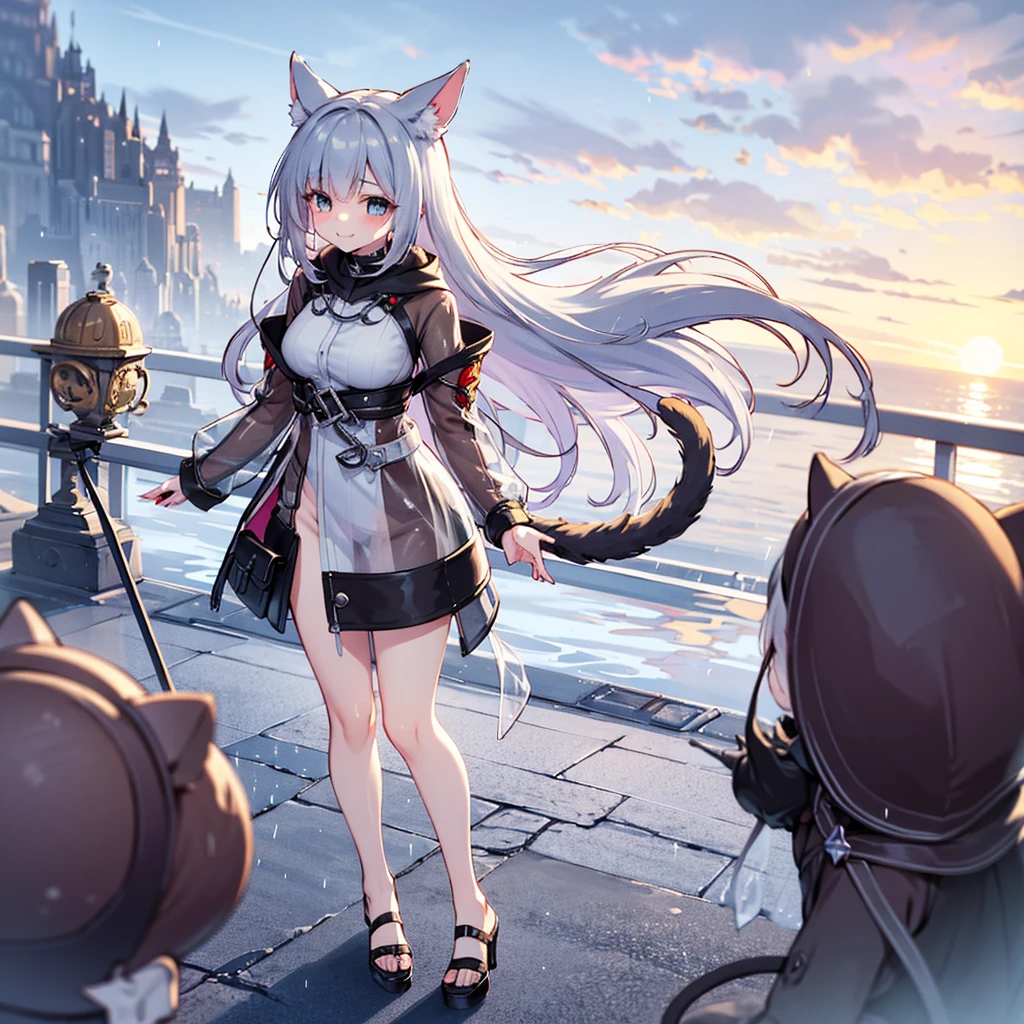 girls, blue hair, cat ears, black and white jacket, purple armbands,school, night time, snowing, black gloves
