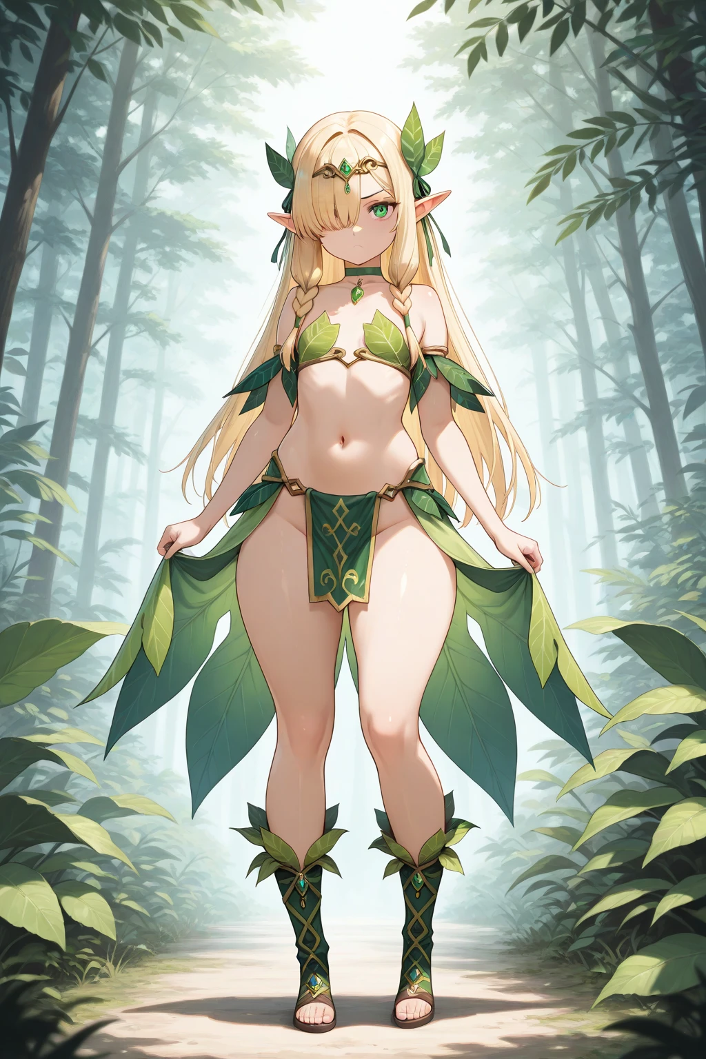 Pretty, beautiful, elf girl, elf, green hair, short hair, pretty hair, beautiful body, genshin impact design, fashion, fashion design, genshin impact, video game, full body, pretty face, starry clothes.