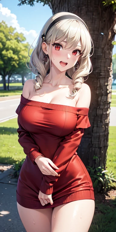 (dynamic angle:1.3, front view:1.1, breast focus:1.3, from below:1.2), (dynamic posing:1.5, sexy posing:1.2, leaning forward), (seductive smiling:1.3), ((looking at viewer, holding a cake)),highest quality、(real、photorealistic:1.4),(ultra high resolution, 8K RAW photo, clear focus), best qualtiy, natural lighting, field depth, (Bright pupils, detailed beautiful eyes, high detailed face), Red lip, (tight focus:1.2, from below), sexy posing, a girl 22yo old, teacher, wearing a , bootyshorts, Thicc, thin breast, long hair, blue eyes,off-shoulder dress, sweater dress, off-shoulder sweater, red sweater,garter stocking, cleavage:1.1, midriff, black shorts, black thighhighs, thigh strap, pretty girl, (highly detailed beautiful face and eyes,firm breasts),real skin,((black,hair,long pony tail hair)),thin pubic hair,cute,lovely, detailed eyes, This masterpiece is only visually stunning but also tells,(double breasted:1.2,under bust:1.2),(with sparkling eyes and a contagious smile),open mouth, Looking at Viewer,