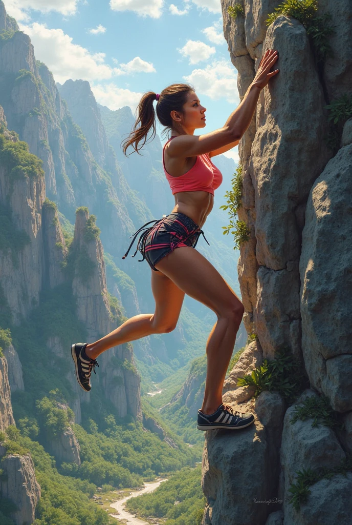 Beautiful woman rock climbing wearing tight sportswear