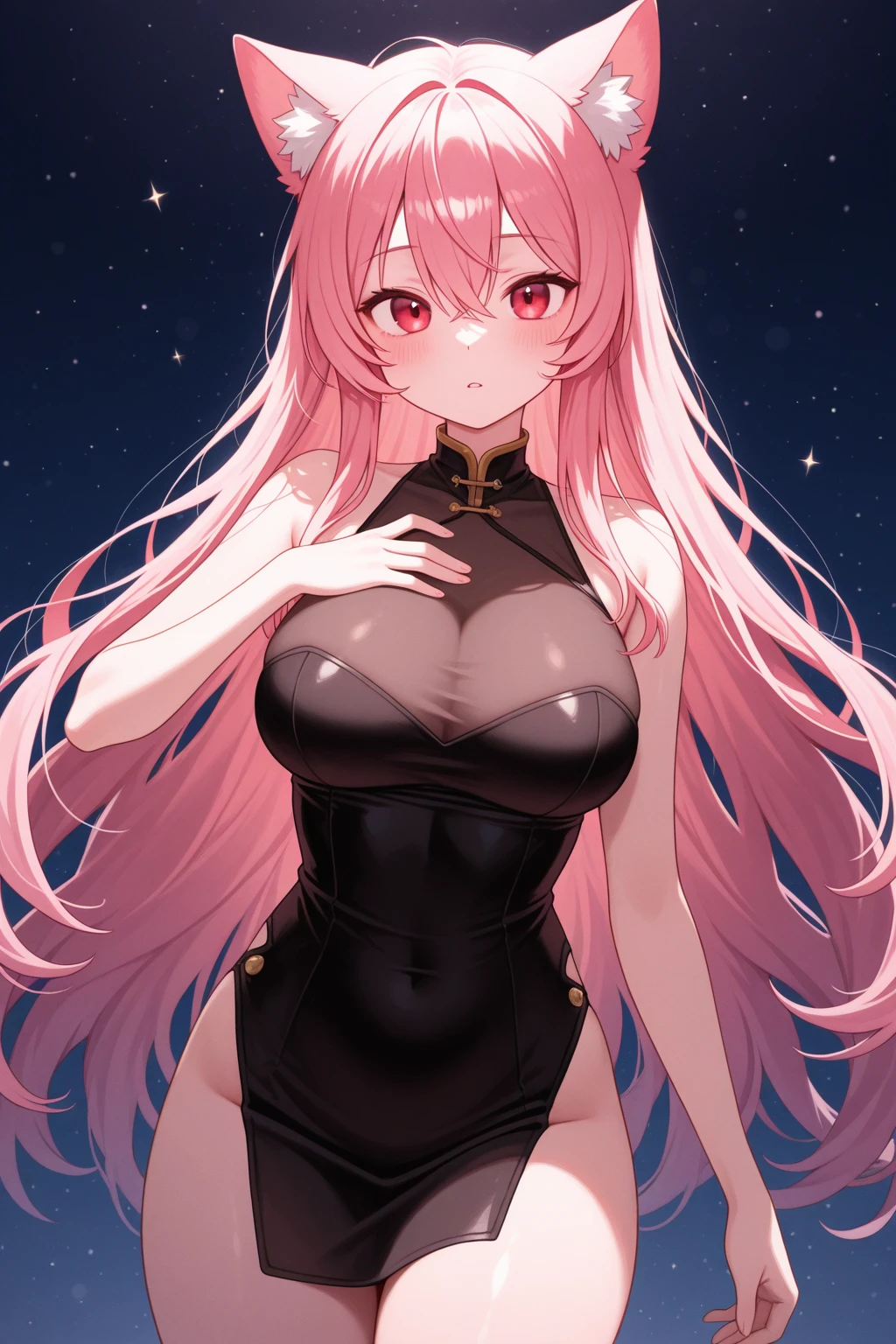 1 woman、爆乳、cleavage of the breast、light pink shiny hair、Shining eyes like pink jewels、see-through dress studded with stars、stars and ribbons、(top-quality)、(The upper part of the body)