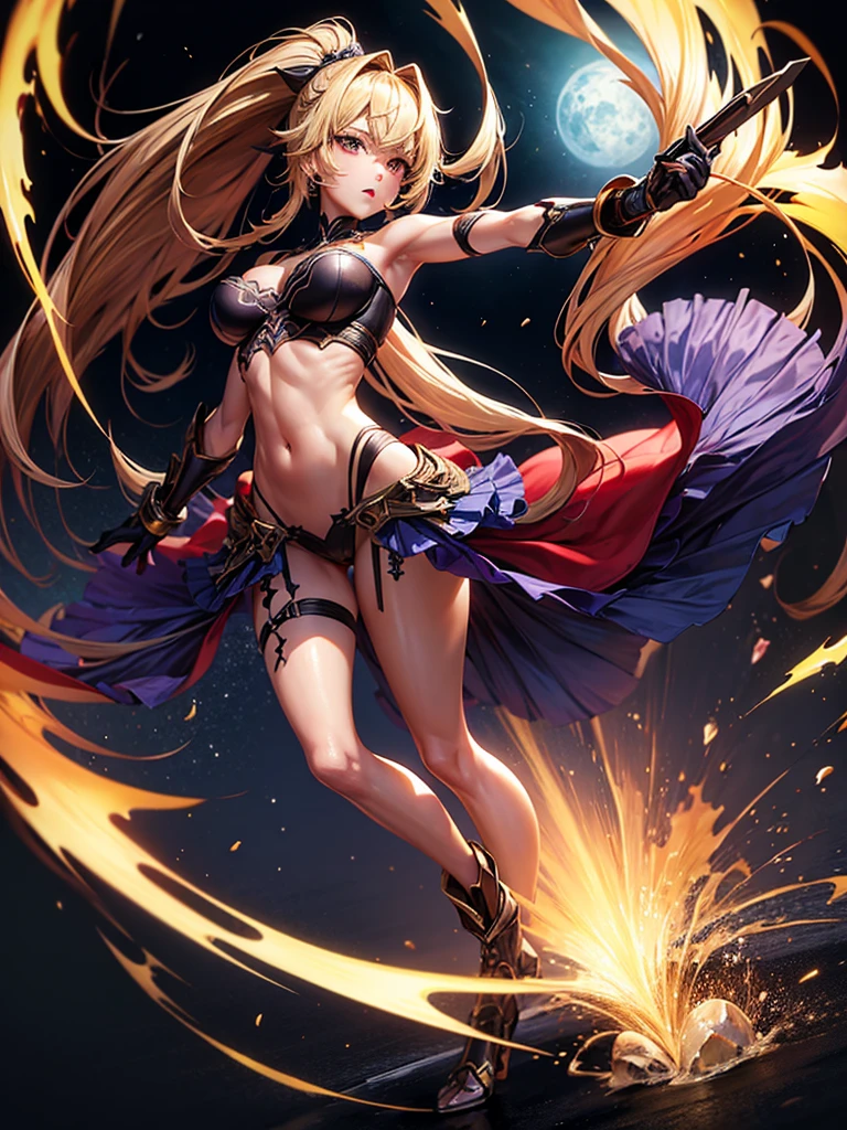 ((highest quality)),(Ultra-high resolution),(Very detailed),(Detailed Description),((The best CG)),(A masterpiece),Ultra-detailed art,Amazing drawing art,(Fantasy art with intricate detail:1.5), (Dark skinned female warrior:1.5),anger:1.4,(A well-trained body:1.4),strike:1.6,Dynamic Pose:1.7, (Throw the universe:1.6),Shattering:1.6