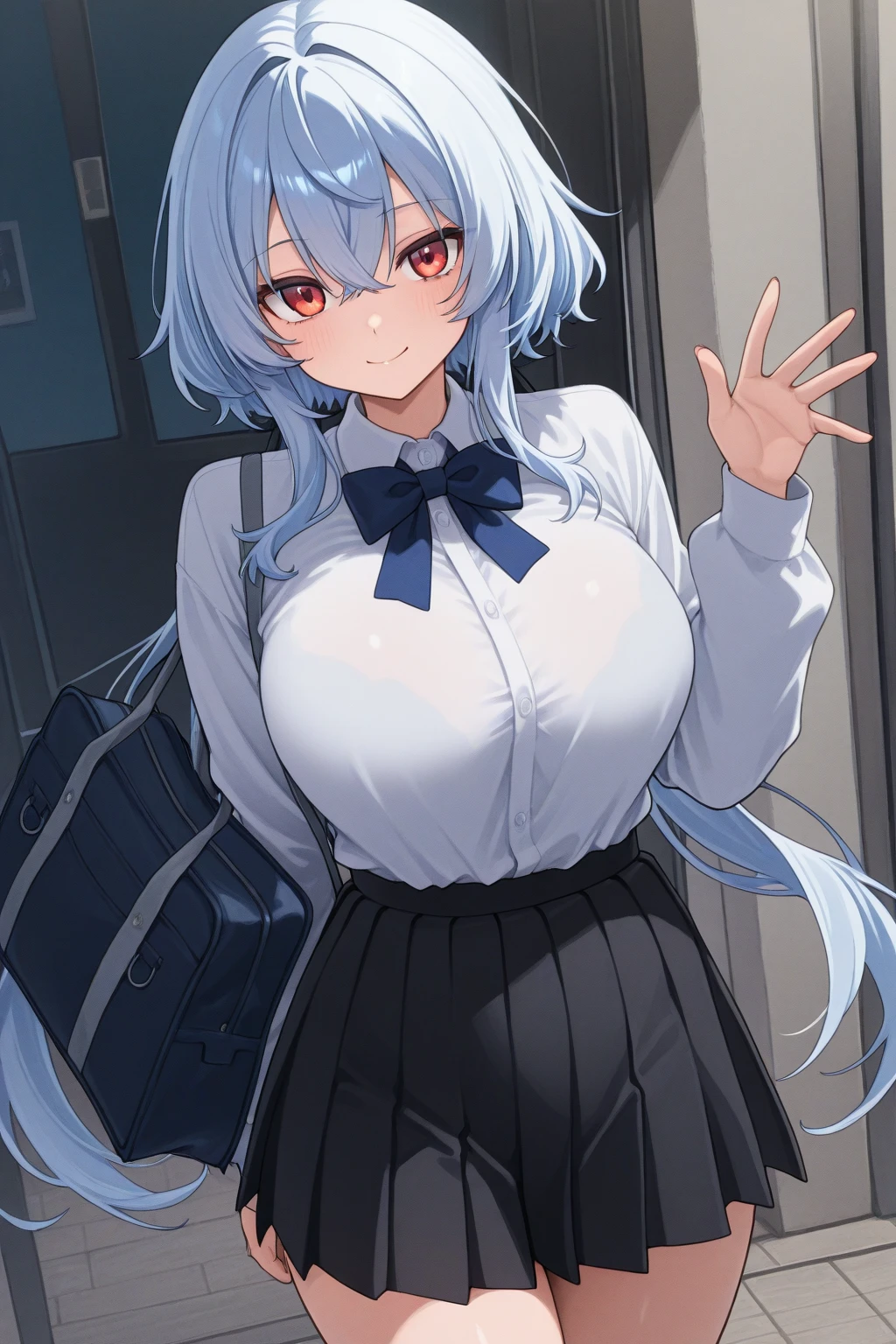 ((Masterpiece)), (Best Quality), (Detail), (1girl), Blue Hair, Blue Glowing Eyes, Upstyle, White Shirt, Black Skirt, Looking Down on the Viewer