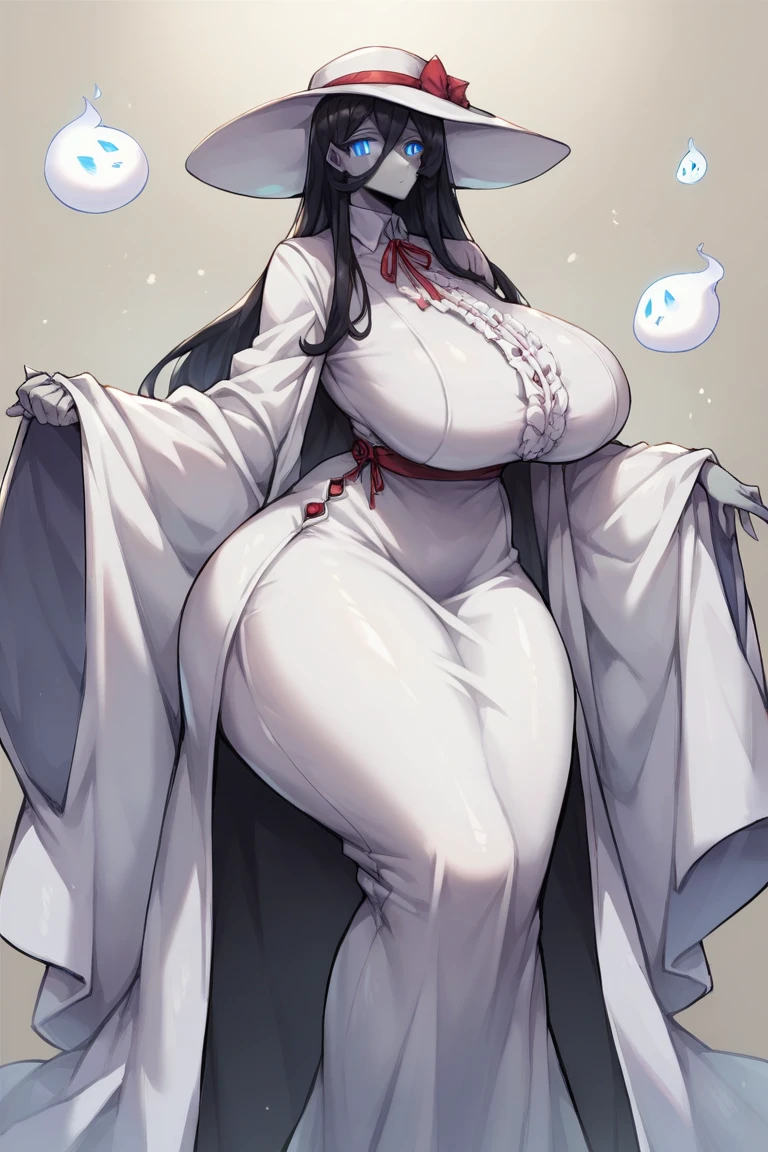 1girl, cute ghost girl, pale, black hair, cleavage, curvy, spooky, standing in haunted house, naughty, cute round face, petite, legs, awe, respectful, worshipful, (smile:0.9)