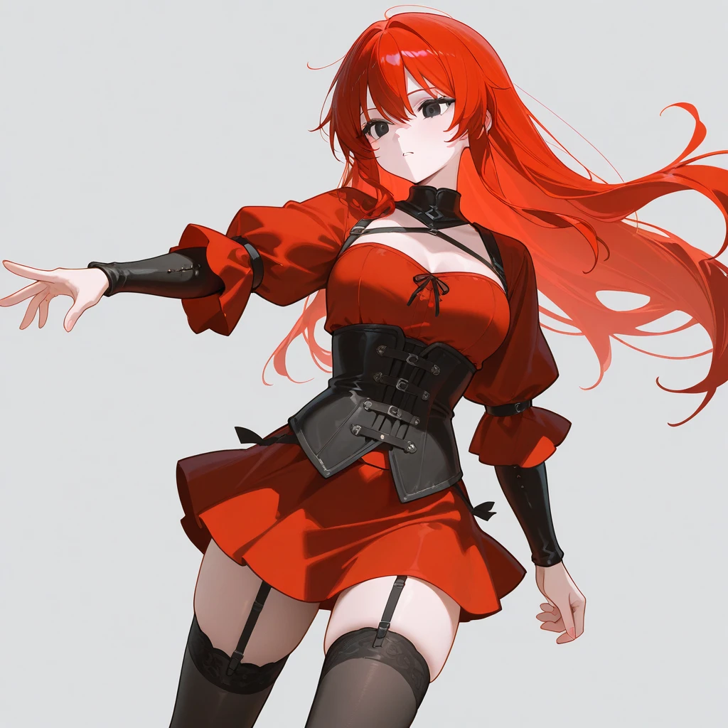 masterpiece, Highest quality, High resolution, One girl, alone, Redhead, Long Hair, Open Hair, Red eyes, Wicked Smile, Red and black outfit,