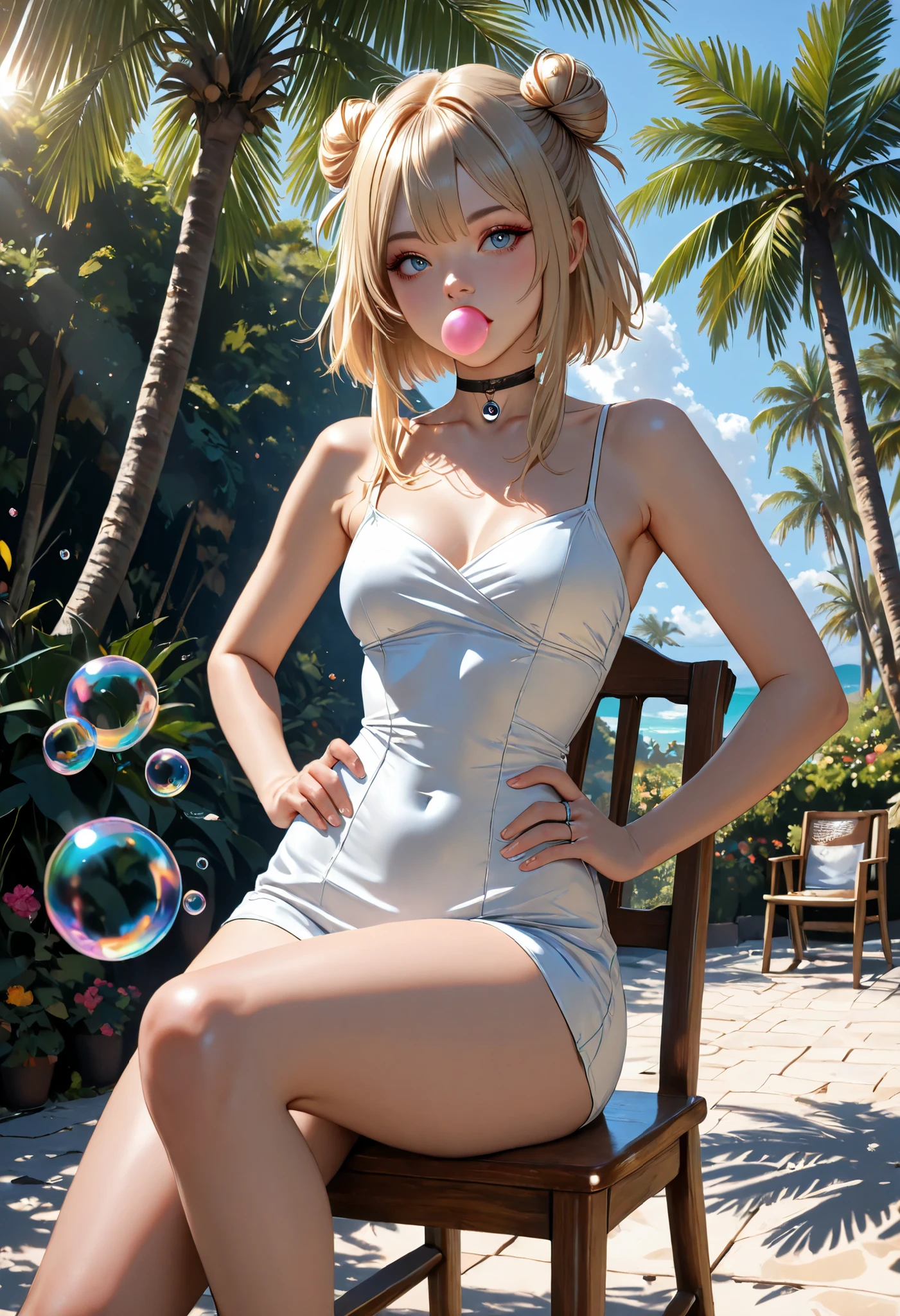((RAW Photo), Absurds, (Absurd Resolution)), (Masterpiece, Best Quality), ((Hyperrealism, Photorealism)), (AI Fantasy), (Masterpiece, Highest Quality, Amazing Quality), (ultra detailed, illustration, aesthetics), (Lumine, bioluninicent light), (pretty girl, very beautiful 21 years old), (beautiful girl, very pretty face), (disheveled hair, luminous brown, Bob, 1 bun in the shape of a palm tree), (realistic pupil, blue eye, intense and luminous shine), (choker with metal rings), (makeup, red lips, mascara, eyelashes), (thin, average height, shapely), ((perfect curves)), ((sitting, leg slightly bent, hands on , wooden chair)), (bubble with gum), (metal chair, rays of light illuminating a public garden), (Low Shot, Shot cinematic depending on the angle). «SunPuma S»