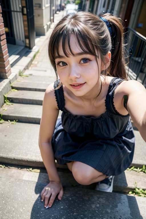 An innocent and cute eight-year-old girl with double ponytails, american girl, girl smiling, style, mini vestido ajustado, stockings white, embellished with animal hangings. walking, mini vestido ajustado corto, con un bolso negro, oficina escolar, top, Look into the camera,