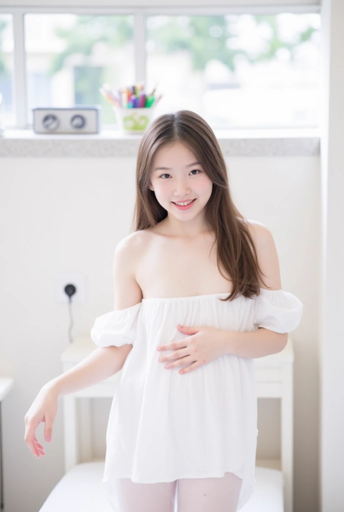 (((11 year old beautiful girl)))、surprisingly large cleavage、See-through nipples、White skin shoulder chest、(A shy smile)、((Cheeks))、Random hairstyle、Narrow waist、Thin thighs、Open your crotch、Random Pause,、((futon))