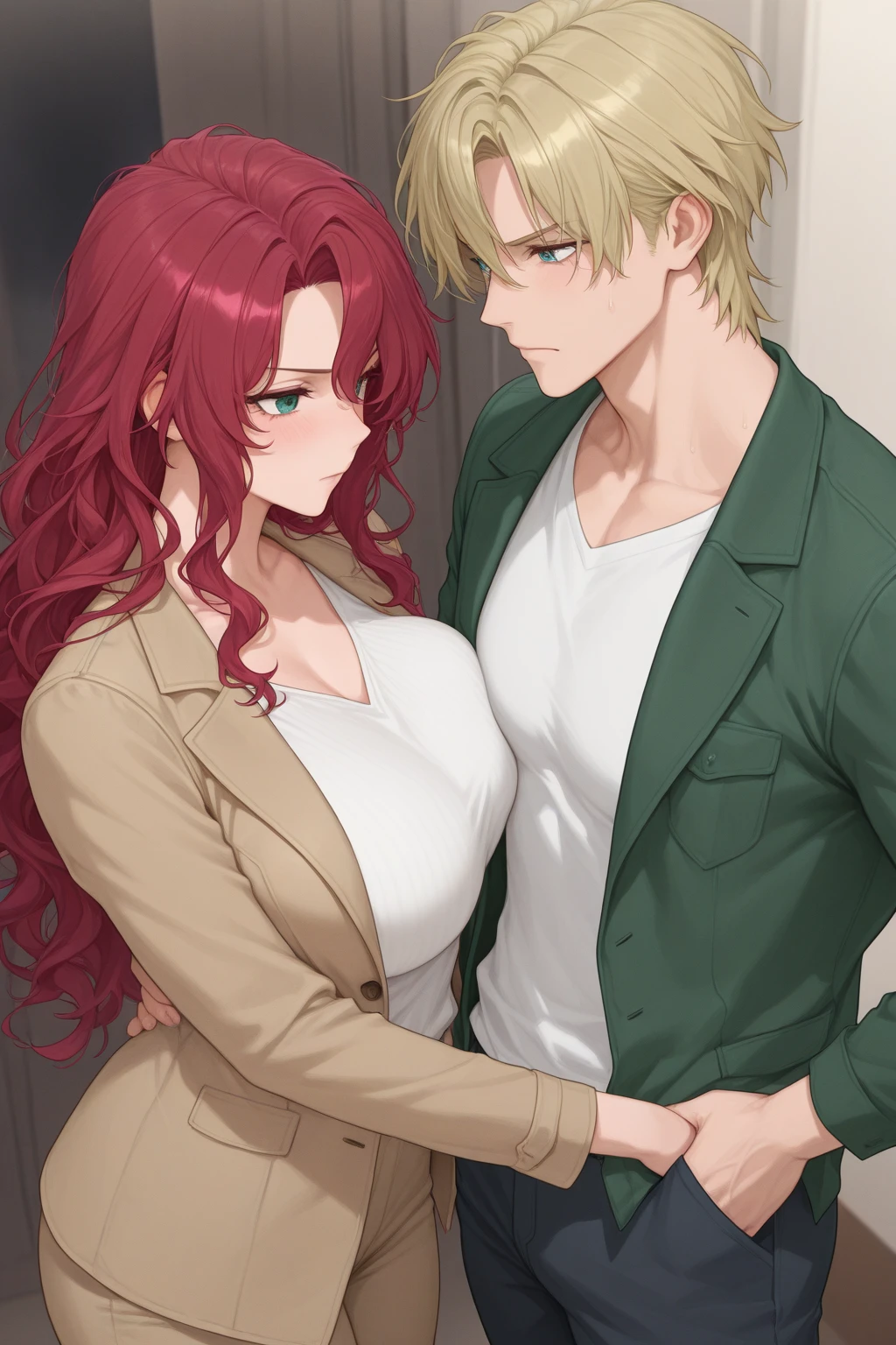 marvel comic white girl , white and pink hair , blue eyes dressed in a red dress and a white boy , blond hair , green eyes dressed in a green sweater and black pants sitting in the auditorium with two with syringes behind the chairs 
