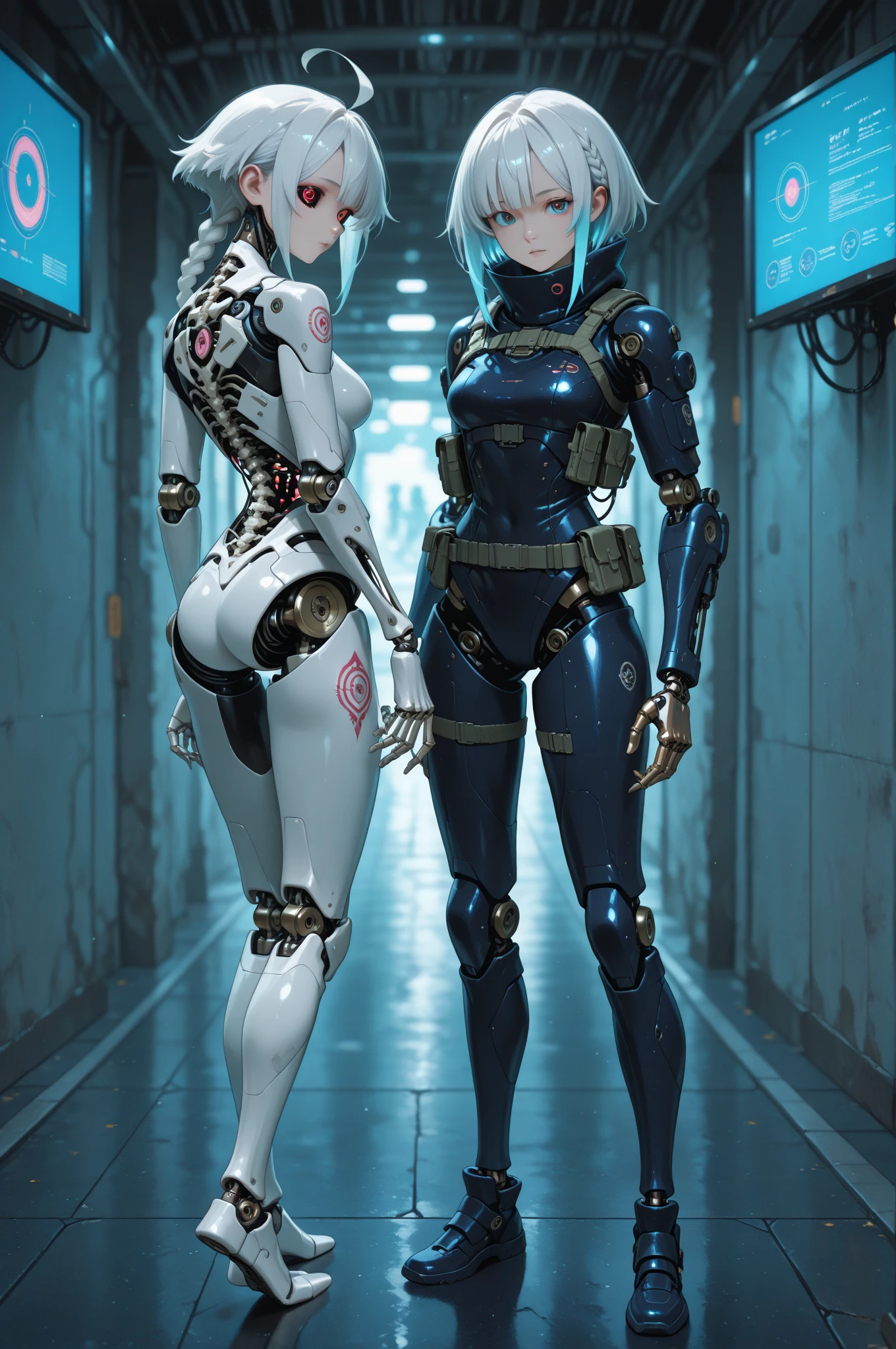 (photorealistic:1.8, highest quality:1.8,8K masterpiece:1.8,High resolution,muste piece:1.8,RAW Photos,cinematic lighting),No split screen, cyber punk、graduate School、wet floor、 (1 android girl:1.3)、Completely naked、Full body tattoo、choker、beautiful breasts、T-shirt、beautiful butt、beautiful thighs、plump nipples、(Nipples visible through clothing)、cameltoe、metallic mask、
(mechanical art: 1.4)、(mechanical limbs)、(blood vessels attached to tubeechanical spine attached to the back)、(Mechanical cervical vertebrae attached to the neck)、
 Body painting with a pop design drawn all over the body、pop art design、Metallic art、cutting edge fashion、conceptual art、 (Beautifully shining vermilion, yellow, blue, white, silver, and gold hair:1.5)、shining blue eyes、Stoic