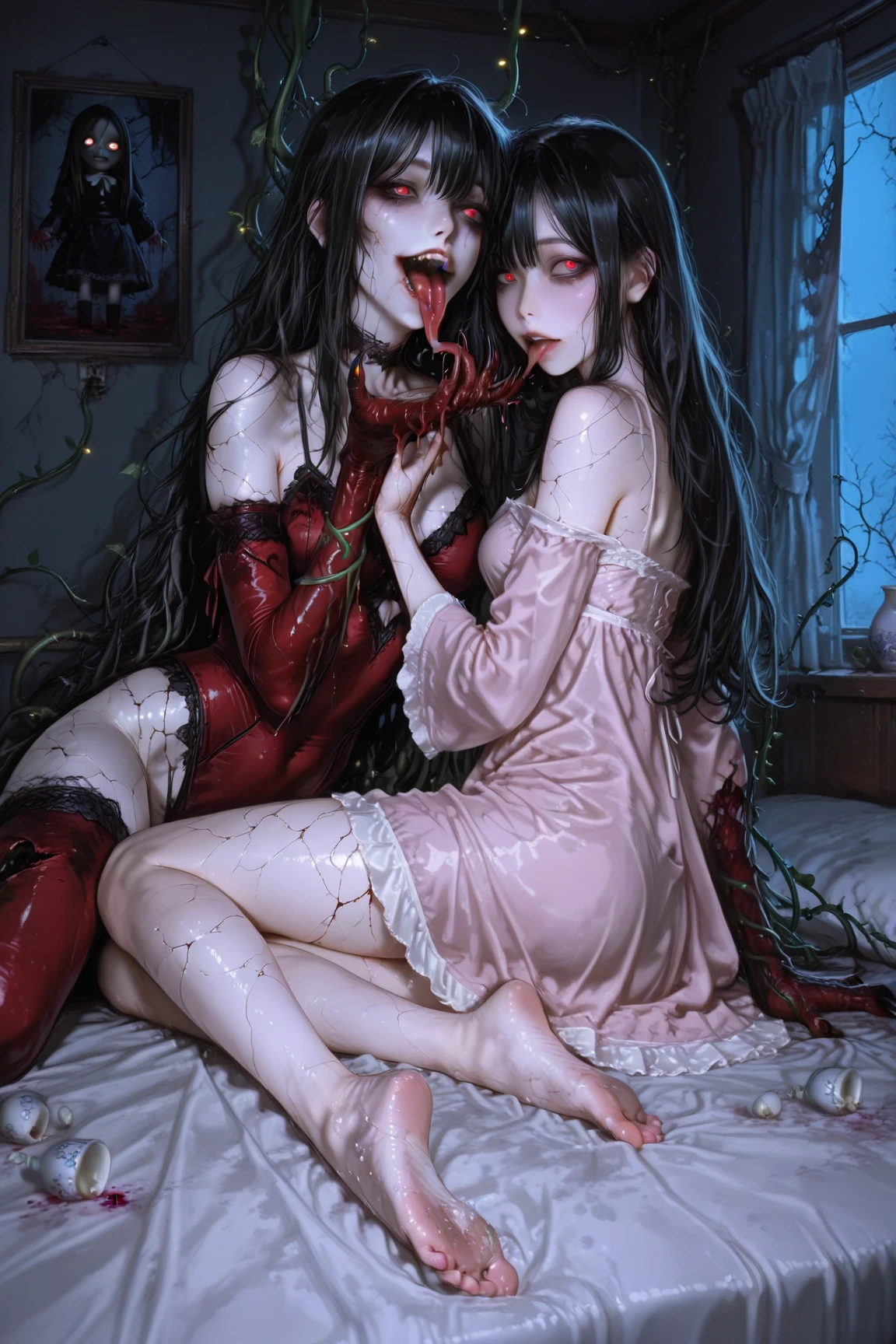 Sleep paralysis entity appearence 13 years old thin girl,red haired,creepy red eyes,fangs,pale skin,red wine claws,creepy white dress,