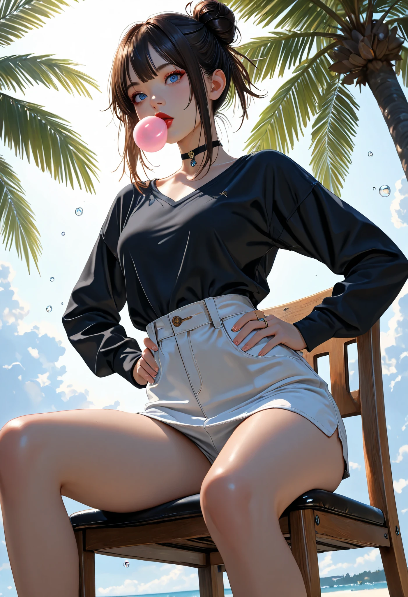 ((RAW Photo), Absurds, (Absurd Resolution)), (Masterpiece, Best Quality), ((Hyperrealism, Photorealism)), (AI Fantasy), (Masterpiece, Highest Quality, Amazing Quality), (ultra detailed, illustration, aesthetics), (Lumine, bioluninicent light), (pretty girl, very beautiful 21 years old), (beautiful girl, very pretty face), (disheveled hair, luminous brown, Bob, 1 bun in the shape of a palm tree), (realistic pupil, blue eye, intense and luminous shine), (choker with metal rings), (makeup, red lips, mascara, eyelashes), (thin, average height, shapely), ((perfect curves)), ((sitting, leg slightly bent, hands on , wooden chair)), (bubble with gum), (metal chair, rays of light illuminating a public garden), (Low Shot, Shot cinematic depending on the angle). «SunPuma S»