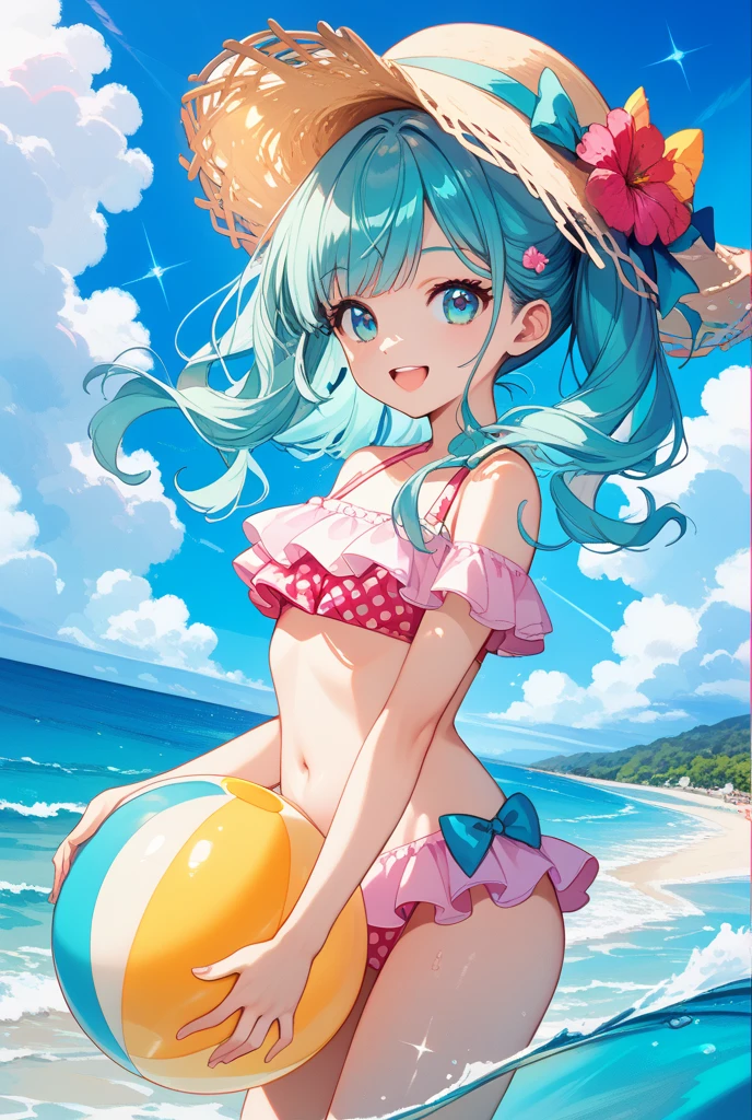 Ocean、blue sky、One girl、Light blue hair、bangs、Big Eyes、Pink Bikini、Holding a surfboard、Looking this way and smiling、Highest品質, High definition, Ultra-fine, Highest_detailed