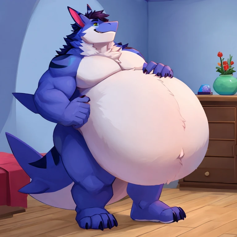 NSFW, solo ,(very huge penis:1.1), wolf , big pecs, huge belly, muscular arms, (details hand:1.1),in a bedroom, (1 hand jerking off:1.1), ( naked:1.1),eating food,(1 hand holding his belly:1.1), extremely hot and sexy, dad figure, in a bed surrounded by a lot of food,weight gain, laughing face, slobby, sweaty, steamy, by darkgem, por zixiong, by Glitter Trap Boy