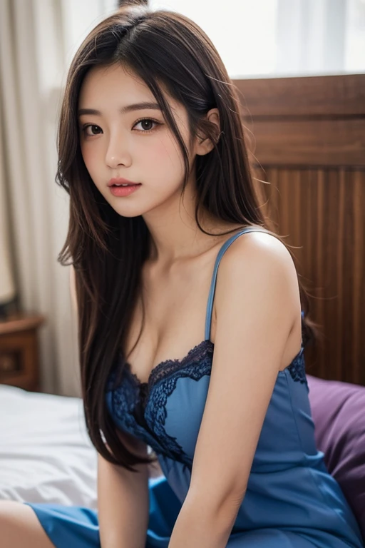 A girl in a garden, 1 girl, solo, long hair, looking at viewer, smile, wearing sheer shirt, ((lying on her stomach)), swimsuit, bikini, indoors, black eyes, small breasts, bed, blue shirt, bikini bottom only, lie on bed, from side, bashful, small breasts, bikini, extremely detailed eyes and face, longeyelashes, highly detailed, 16k, ultra-detailed, high resolution, photorealistic, sharp focus, physically-based rendering, vivid colors, studio lighting, from the side,