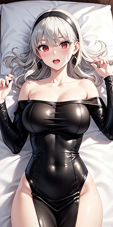 masterpiece, best quality, 1 solo girl, silver hair, yellow eyes, long hair, medium breasts, sexy body and face, wavy hair, smile, sleeveless shirt, scarf, black thigh-high, mini skirt, pendant, bracelet, jewelry, earrings, feather hair ornament, book, lying at the bed, night, sexy pose, cowboy shots, detailed body, face, and eyes, sharp focus, vibrant, creative, dynamic, high definition, high resolution, 8k, (Upscale: R-ESRGAN 4x+ Anime6mage enchance:4x), voluptuous body, cinema lightning, dakimakura style, looking at the viewer, single braid