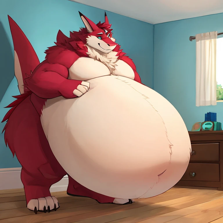 (((detailed eyes, detailed face))), (anthro, kobold, smooth skin), male, (plump, belly, chubby, overweight), (nude, genital slit, semi-erection in slit:1.4 <lora:semi-erection_in_slit_xindigo_v3:1>, precum drip, full body), standing, arms behind back, smile, BREAK (konzaburou, ukan_muri, cute), bedroom, light environment, soft shading, masterpiece