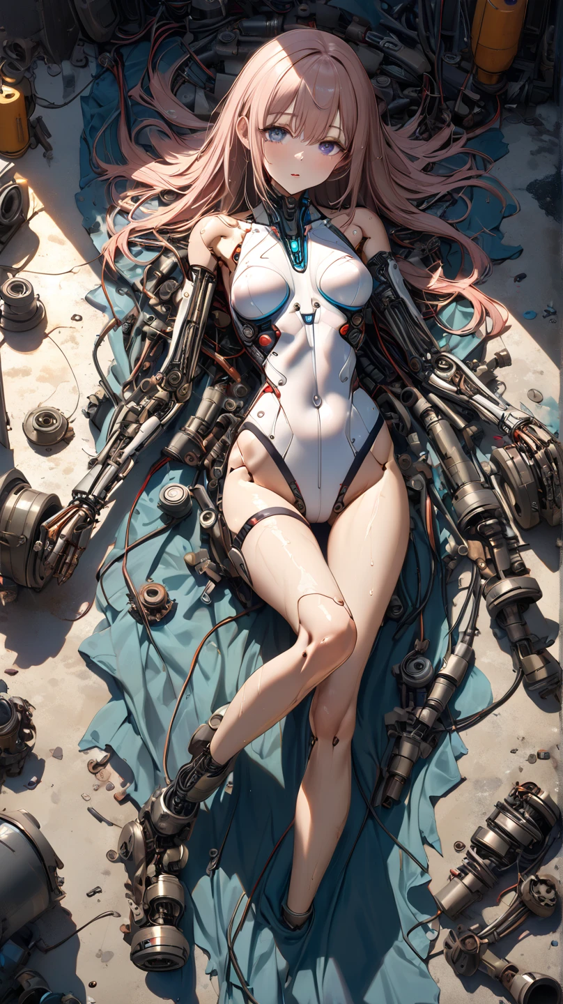 (((Masterpiece))), ((Best Quality)), (Super Detail), (CG Illustration), (Very Evil and Beautiful)), Cinematic Light, ((1 Mechanical Girl)), Single, (Mechanical Art: 1.4), ((Mechanical limb)), (Blood vessel attached to a tube), ((Mechanical spine attached to the back)), ((Mechanical cervical vertebrae attached to the neck), expressionless, ( Wires and cables attached to the head and body: 1.5), Science Fiction, Apocalypse, Ruins, (Lower Body Integrated with Mechanical Devices), (Blood: 1.5), Cruelty, Absurdity, Eroticism, Fusion with Machines, Doomsday Time, Super Future, Inorganic, Laboratory, Restraint, (Beautiful Indulgence: 1.2), (1 Girl: 1.3), Body Wrapped Around Mechanical Tentacles, ((big boobies)), long blonde hair, big on focus, ((white, pink latex brassiere)), (((wearing a mask))), (((wearing a VR Headsets))), ((fullbody))