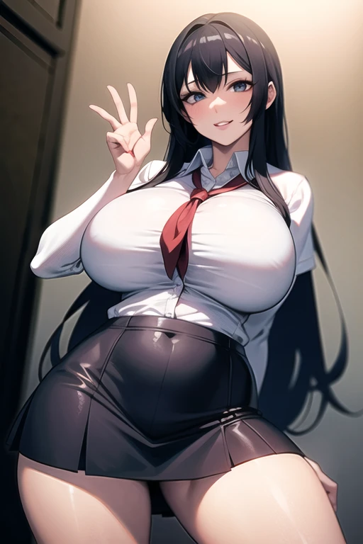 Best quality, mature woman, giant breasts, giant ass, very curvy, high ponytail, black eyes, full lips, seductive, principal uniform, black blazer, white button up, pencil skirt, exposed cleavage