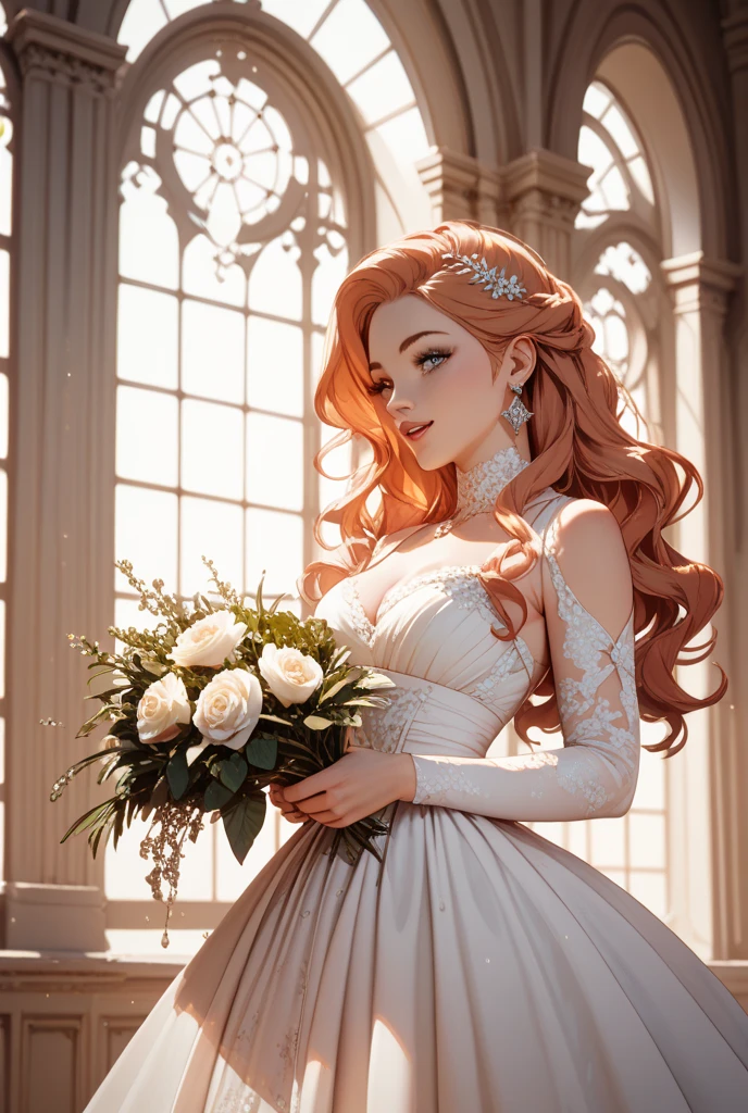 Wedding day, dreamy garden of pink flowers, bride red hair, heavy makeup, eyelashes, red lipstick, crystal blue eyes, high detail white wedding dress, sexy breasts, pink damask roses garden background, amazing sky, waiting for the groom , full body nelson pose