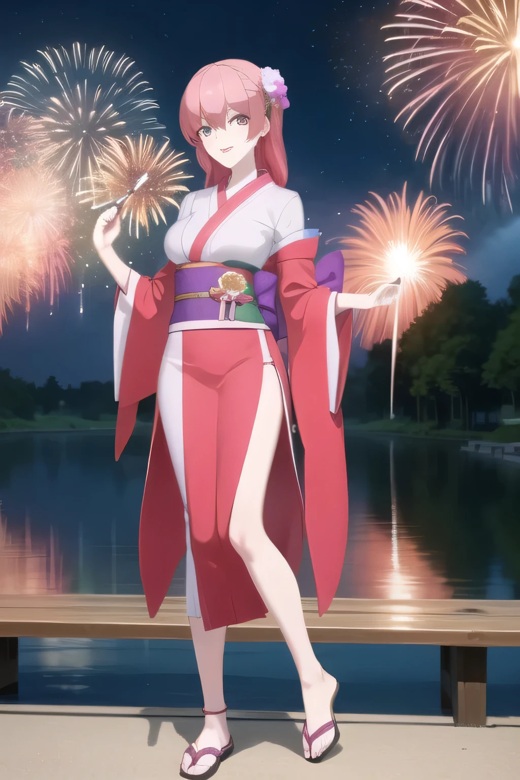 Please draw the facial expression more delicately,long pink haired woman,Women with Lovely Smiles,Please draw a more delicate expression,,,Kimono,Please reduce skin exposure a little more,her legs are hidden up to the hem of the Kimono, ,participating in a summer fireworks festival,Outdoors,is by the river,The riverbank riverbed,can you draw a woman watching fireworks,sandals,Barefoot,I'm attending a summer festival, grimace,,Cool Night,Smile Yang ,big breasts,An attractive woman in her 20s , , , big boobs, thin waist , , ,Animated CG,hide my knees a little more with a Kimono,Please stand at the teacher's house and draw,