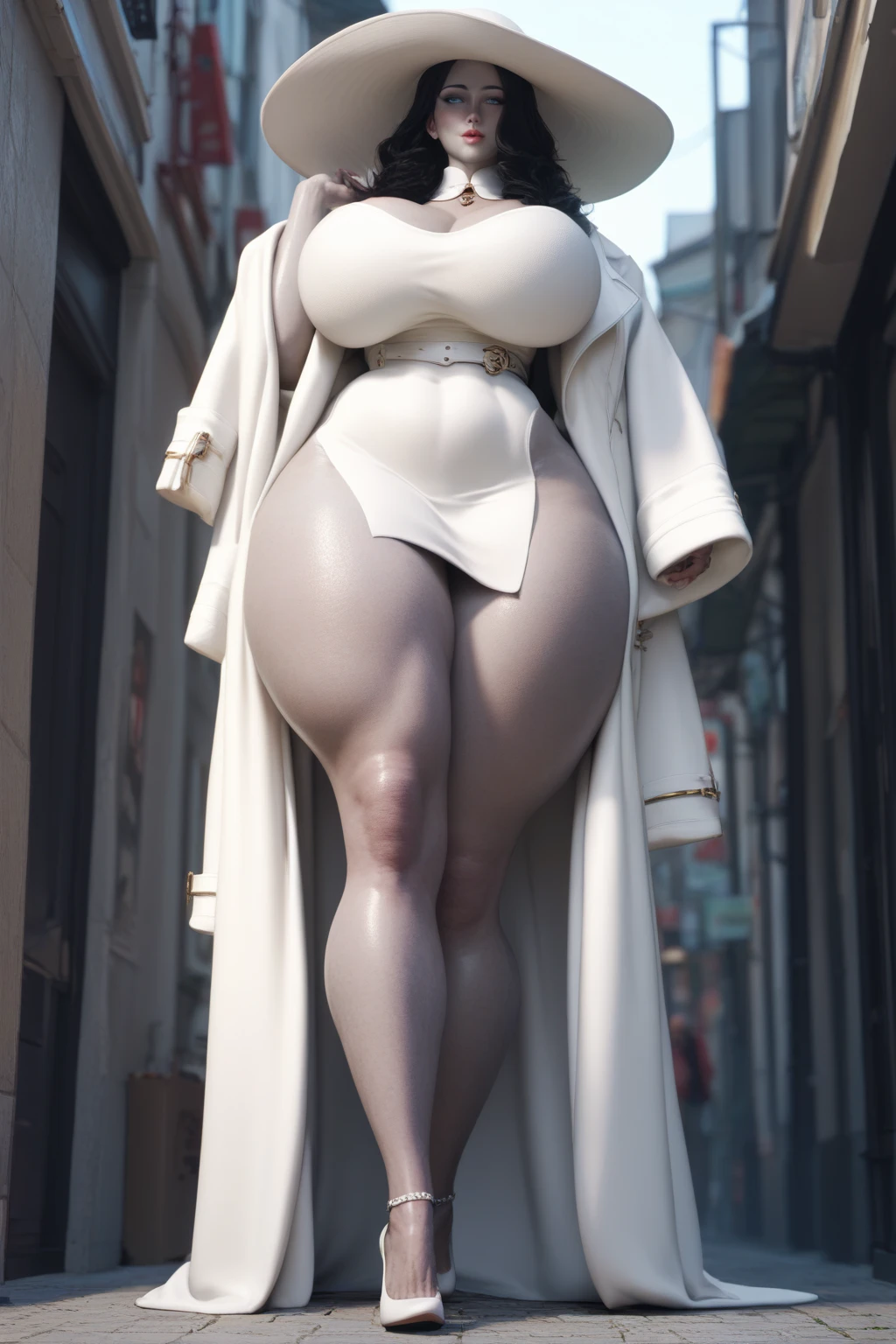 physically-based rendering, (1girl:1), Female, (huge fake breasts:1.1), street, sexy muscular body, muscle abs, slim waist, big buttocks, (Full body:1.3), walking, wearing dress.