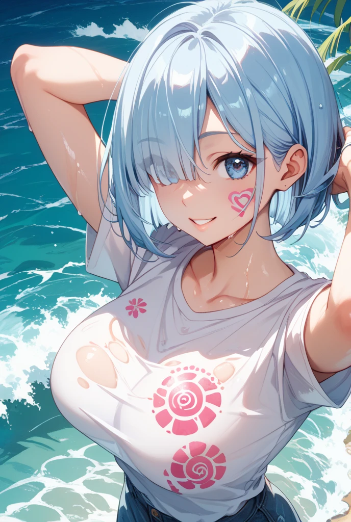 1girl, solo, breasts, looking at viewer, blush, smile, short hair, open mouth, bangs, hair ornament, navel, bare shoulders, medium breasts, blue hair, standing, swimsuit, :d, heart, bikini, thighs, cowboy shot, outdoors, sky, hairclip, fang, cloud, stomach, hair bun, tree, grey eyes, double bun, night, headphones, halterneck, beach, from below, x hair ornament, star (sky), night sky, string bikini, skin fang, starry sky, palm tree, pink bikini, heart hands, multi-strapped bikini, ((32k)), ((best quality)), ((ultra high res)), ((HDR)), ((UHD)), ((extremely detailed CG)), ((unity 32k wallpaper)),