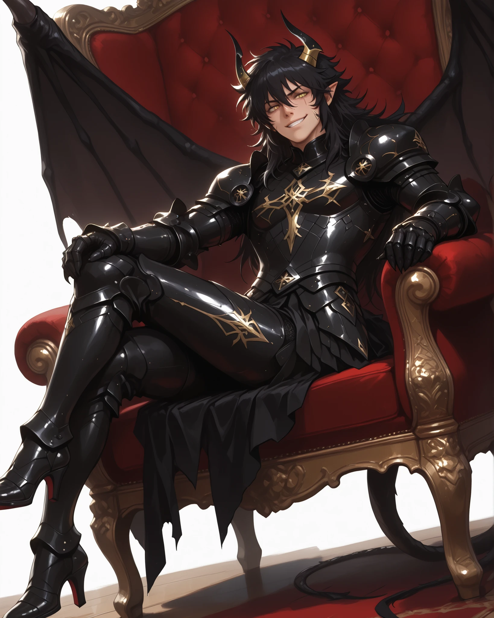 score_9, score_8_up, score_7_up, absurdres, 128K Ultra High Resolution, (masterpiece, best quality: 1. 5), (high definition: 1, 3), highres, 8K wallpaper, (excellent graphics: 1. 5), CG, (((Japanese Anime style))), (Black Saint Seiya), (1 male), solo, lean body, (masculine), floating in the air, weredragon, glossy black, shiny black leather, ((beautiful golden eyes, finely detailed eyes, bright eyes, slit pupils)), hair between eyes, black hair, long hair, sideburns, wild hair, (sly grin, sinister grin, smirk), teeth, confident, (((ultra detailed face))), shiny skin, long pointy ears, twisted torso, long-legged, sculpted face, wasp waist, dragon horn, dragon tail, dragon wings, dragon sharp claws, (black armor with a lot of grandiose decorations: 1. 5), half dragon half human, (sit cross-legged, closed legs, luxury gilded chair: 1. 5), (dramatic angle, dynamic pose: 1. 5), (ultra detailed black armor, well-polished black armor: 1. 5), (gold-adorned armor: 1. 5), all black outfit, full body, emphasize face, sharp focus, good-looking man, (best illustration, highly detailed artwork: 1. 5), cinematic, (dramatic lighting), (intricate detail, extreme detailed, super detailed: 1. 5), tenebrism, (stark contrast, heavy shadows: 1. 3), detailed black decorations, beautiful and aesthetic, photoreal, (from side), (mysteriously crafted black metal armor: 1. 5), thick and luxuriant hair, (ultra detailed fantasy black armor, wonderful black armor: 1. 5), (realistic metal texture), broad shoulder, true-to-life visuals, artistically refined, (extremely delicate & beautiful armor, elaborate armor details: 1. 5), (giant black armor, dark armor, stylized armor: 1, 5), (((armor-type high heels))), (extremely detailed armor with intricate engravings, intricate armor with gold ornaments: 1. 5), very gorgeous and dazzling, (dark fantasy black knight: 1. 5), slim waistlines, wide chested, sinewy body, (Hyper Detailed & Perfectly Designed Black Armor: 1. 5), (simple white background), windy