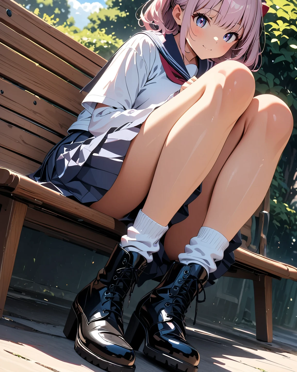 (A beautiful young Japanese woman), nsfw, Detailed Background, (((独奏))), ((Excellent anatomy: 1.2)), (Pink Hair, short hair), Big Tits, (dark skin:1.5), (green eyes), (Beautiful Eyes), (((Short sleeve white shirt, Beige cardigan, Blue short tie, Grey pleated mini skirt, loose socks, loafers))), (Angry:1.3), Earrings, Sitting on a bench in front of the station, Beautiful thighs, spread legs, Place your hands between your legs