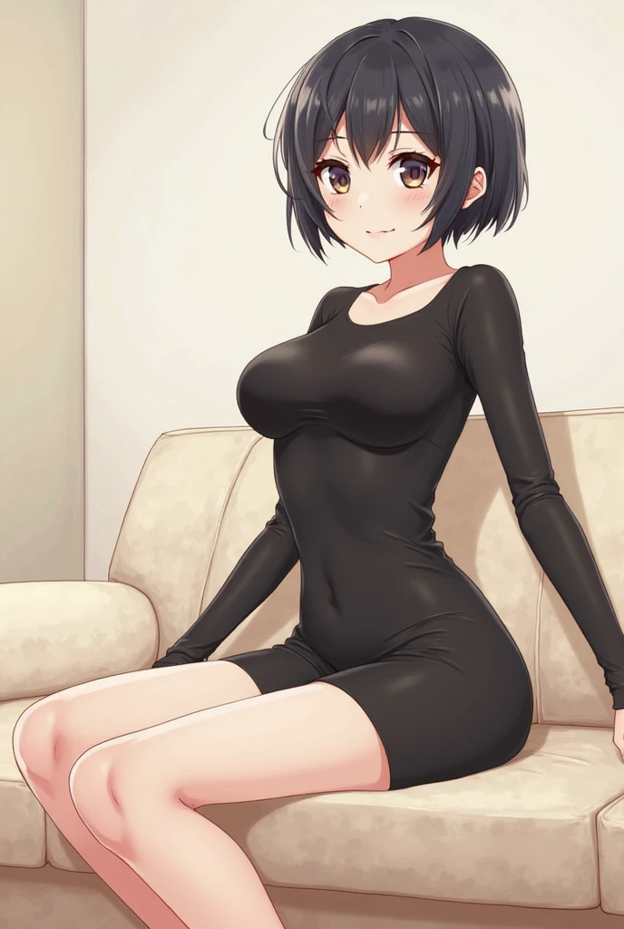 1 hot girl, dark hair, dark grey eyes, grin, gorgeous, kirigaya suguha, short hair, hairclip, black sweater dress, young girl, black pantyhose
