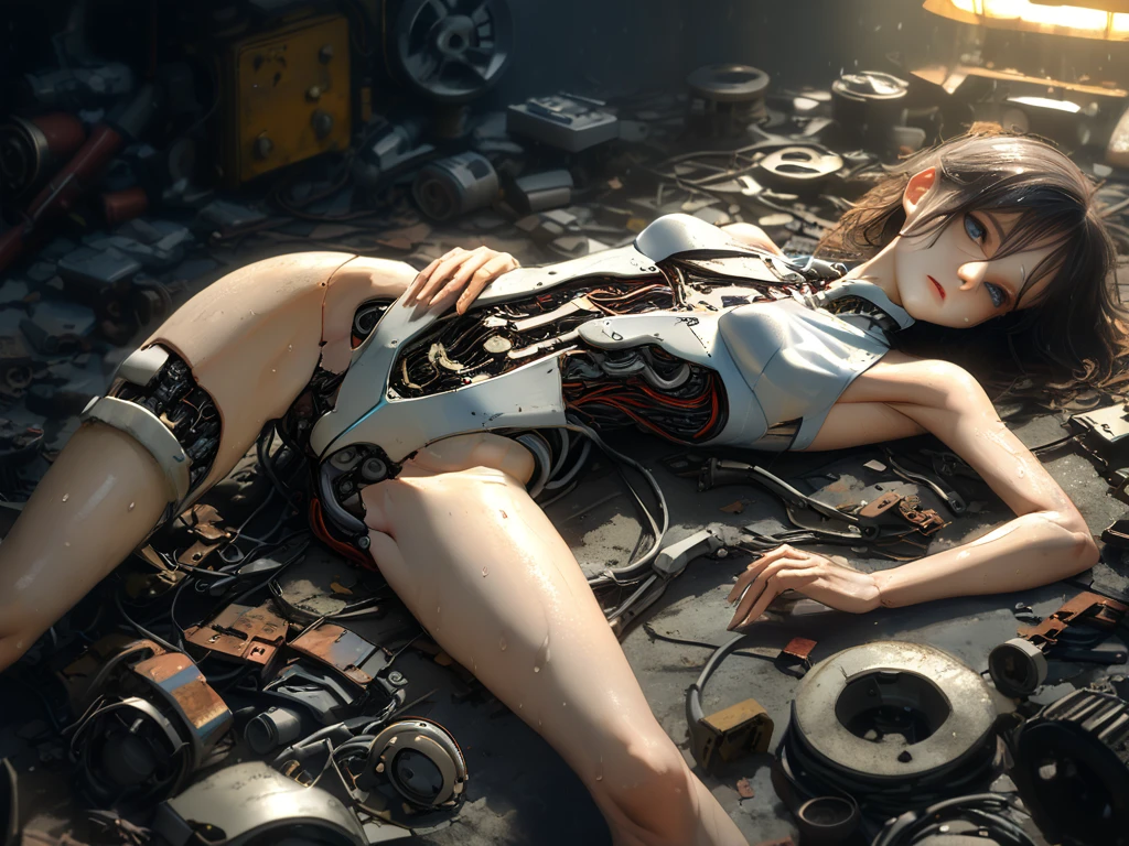 Giantess with firm , long sexy legs, yellow hair and in bikini is lying on the ground, while the city at her feet burns in flames for the destruction she has caused, while people run away from her, so as not to die crushed by her heels. Giantess, goddess, macrophilia, curvaceous body, hentai, fetish, sexy legs, bikini, high heels, high quality