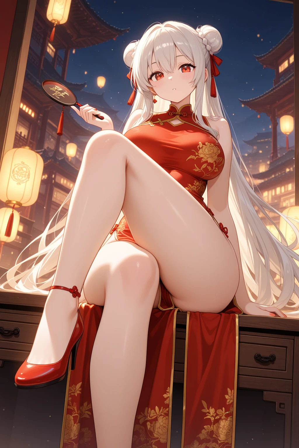 A female empress, white-haired, with yellow eyes, red nails, with notable physical characteristics, mostrando os peitos, legs open showing pussy, with an angry face and a provocative look, with open mouth showing tongue. Wearing traditional Chinese imperial clothing decorated in gold with black details, with red Hanafuda earrings, with a short red skirt. Lying on a white hotel room bed, with a sunset in the window in the background