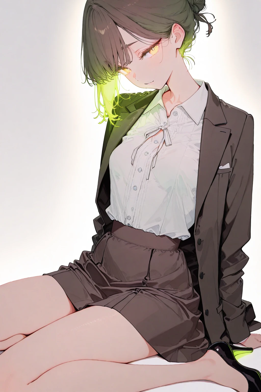 Girl with short green hair, with red eyes, black t-shirt with a yellow tie, black pants black boots, must be seated, with a black background and behind it the word LOVE in a luminescent yellow color 