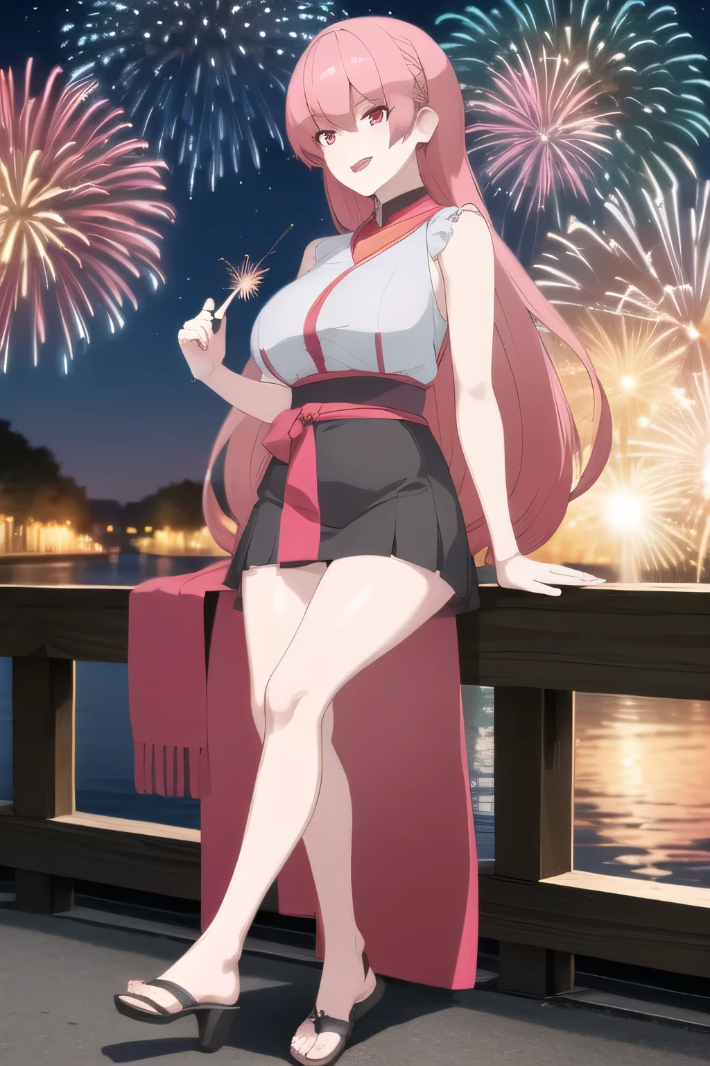 long pink haired woman,Women with Lovely Smiles,Please draw a more delicate expression,,sleeveless blouse,miniskirt,Big Breasts,Big Breastsでもウエストが細い,, ,participating in a summer fireworks festival,Outdoors,is by the river,The riverbank riverbed,can you draw a woman watching fireworks,sandals,Barefoot,I'm attending a summer festival, grimace,,Cool Night,Smile Yang ,big breasts,An attractive woman in her 20s , , , big boobs, thin waist , , ,Animated CG,,