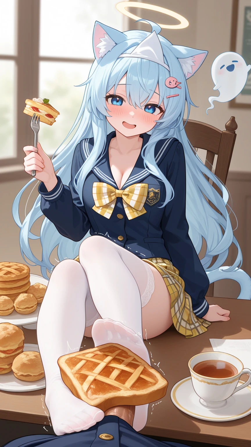 highest quality、High resolution、detailed background、Beautiful and dense face、beautiful and smooth skin、skin texture、cute10代の美少女、two beautiful girls、(huge breasts:1.4)、(realistic:1.2)、perfect body line、braided ponytail、
(Sleeveless sailor suit made of see-through material:1.5)、white sailor collar、Sheath Sloop Leece Mini Skirt、pink floral embroidered panties、No bra、white knee high socks、white overknee socks、emphasize cleavage、emphasize the chest、(My clothes are wet and see through and I can see my nipples..:1.3)、
Tea time at the cafe、((Two beautiful girls enjoy cake and sweets while chatting at a cute cafe.:1.4))、((She pulled up her skirt and showed me her panties..:1.5))、sexual expression、Laugh playfully、panty shot、underboobを強調する、underboob、cute、camel toe