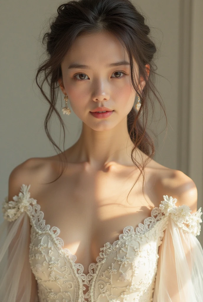 Beautiful elderly woman, cute,sexy,80 years old,,sexy,Wear a pearl necklace, Flowers in her hair, Hair bundle, Holding a small bouquet of white flowers, Posing with flowers, old woman, Super large Large Saggy Soft:1.4, chest, Curly Hair, Big nipples, Mature nipples