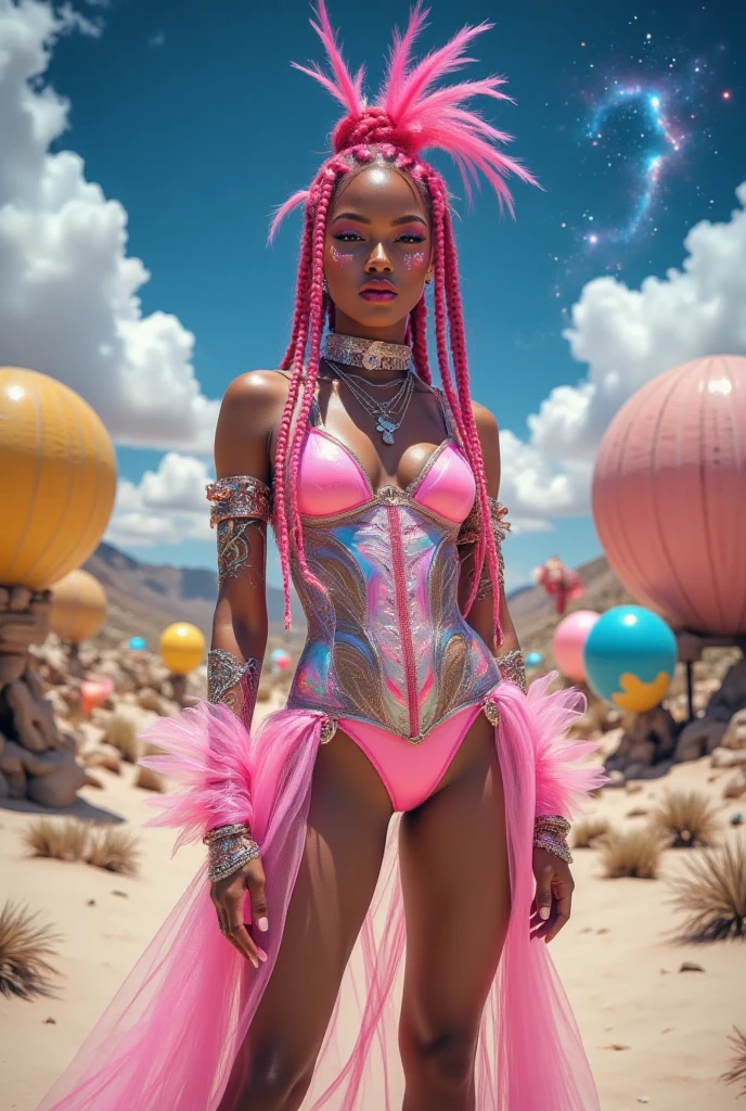 In an epic objective, with perfect focus:2, the subject is a 28-year-old Perfect Lady, boasting an extraordinary attire of a bioluminescent puffy sleeves romper with numerous bio-translucent inflatable parts. This masterpiece photography, titled "Neon Nights," is a perfect representation of synthwave fashion, bathed in the neoncolors of the masterpiece photography.

The subject, an extremely attractive Moor, embodies the spirits of CherokeeD'ass, Storm, Blac Chyna, Dua Lipa, Megan thee Stallion, Vixen (from DC Comics), and Noni Zondi. She