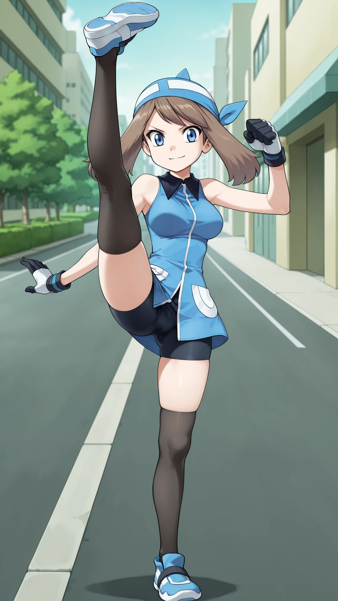 adult older sister, Tall, big boobs, high kick, Kick the viewer, black knee-high stockings, Absolute region, thighs, Beautiful legs, Beautiful legs, Blue shoes, ((anime screenshot, anime cong, )) SapphireBirchILXL, ((top quality)), ((masterpiece)), ((details)), solo, 1girl, two legs, two arms, anime coloring book, 1 woman, Age 18, Full Body, slim sexy body that can be licked by mobs, Brown hair color , twin tails, blue eyes, A determined smile, blue bandana, blue sleeveless tunic, Miwaki, black mini bike shorts, gloves, standing, City, Sidewalk, May, (\Pokémon\), score_9, score_8_excellent, score_7_excellent, score_6_excellent, Source_anime, Cell Shading, gradation background, vector,