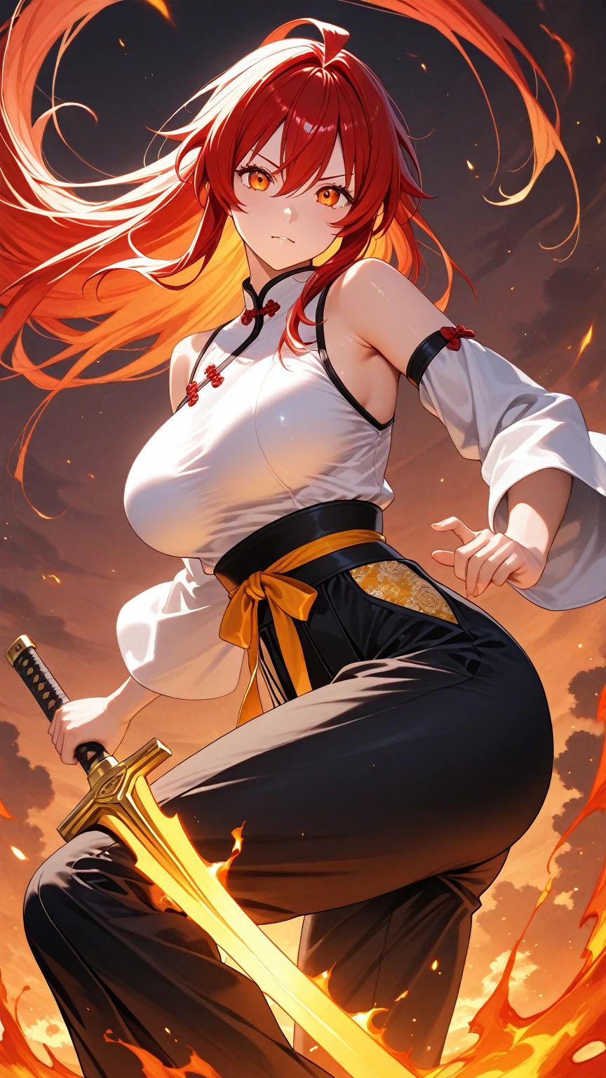 Uzumaki_kushina, big breast, wearing a jacket and white t-shirt and skirt, standing straight,face on camera, night sky,navel, cleavage ,skirt lift by hand ,ponytail,long hair,hand back,hand up,hand catch