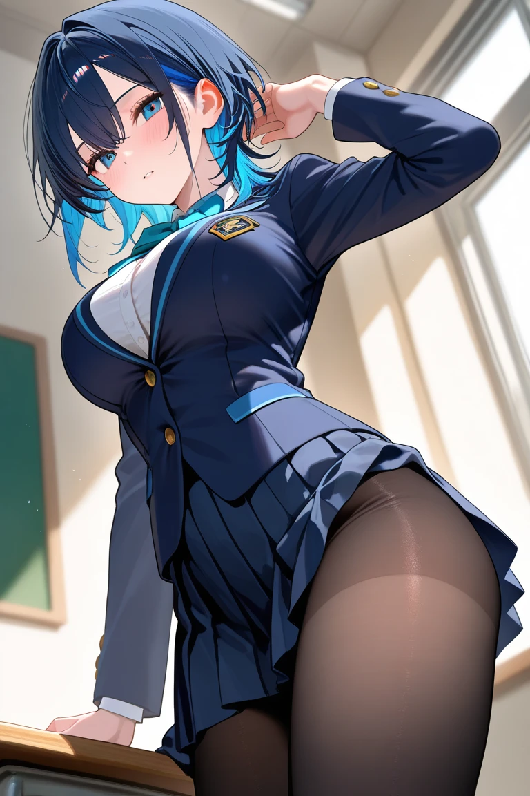 Cute naughty Assassin girl, Pastel colors hair, medium breasts, (Thighs, fishnet pantyhose, ninja costume), short hair, (dark blue hair:1.2), (naked:1.3), (forehead:1.2, bangs pinned back, asymmetrical bangs, hairclip, side ponytail:1,2), standard height, (Serious, Large eyes, yuruyuri), at the adventurer's guild, A bulletin board with posted paper, nfsw, sweat, (cum in vaginal:1.3), vaginal sex