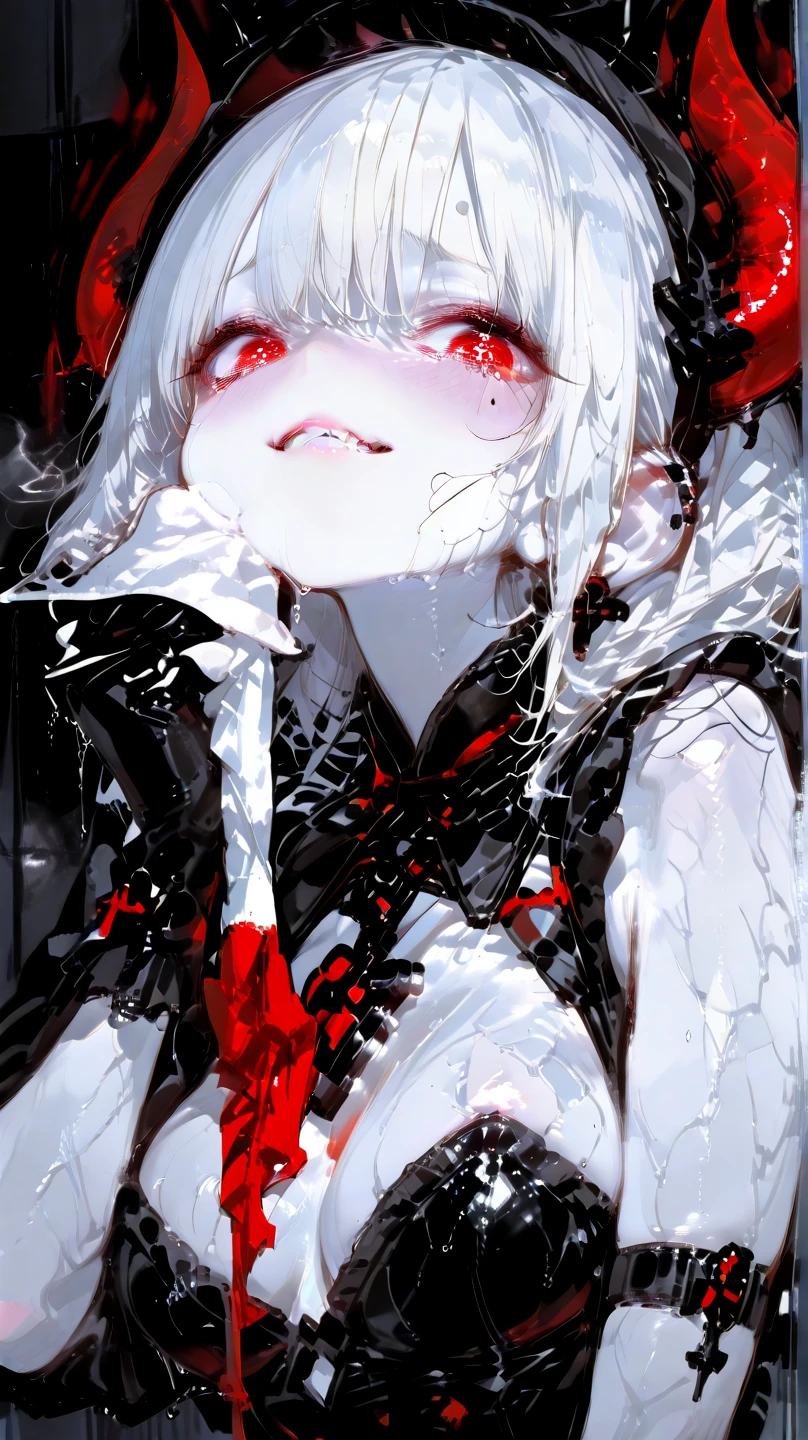 Beauty,Black straight hair,Black and White,Sexy,Ghosts,Black clothes,Red decoration,((Pure black background))