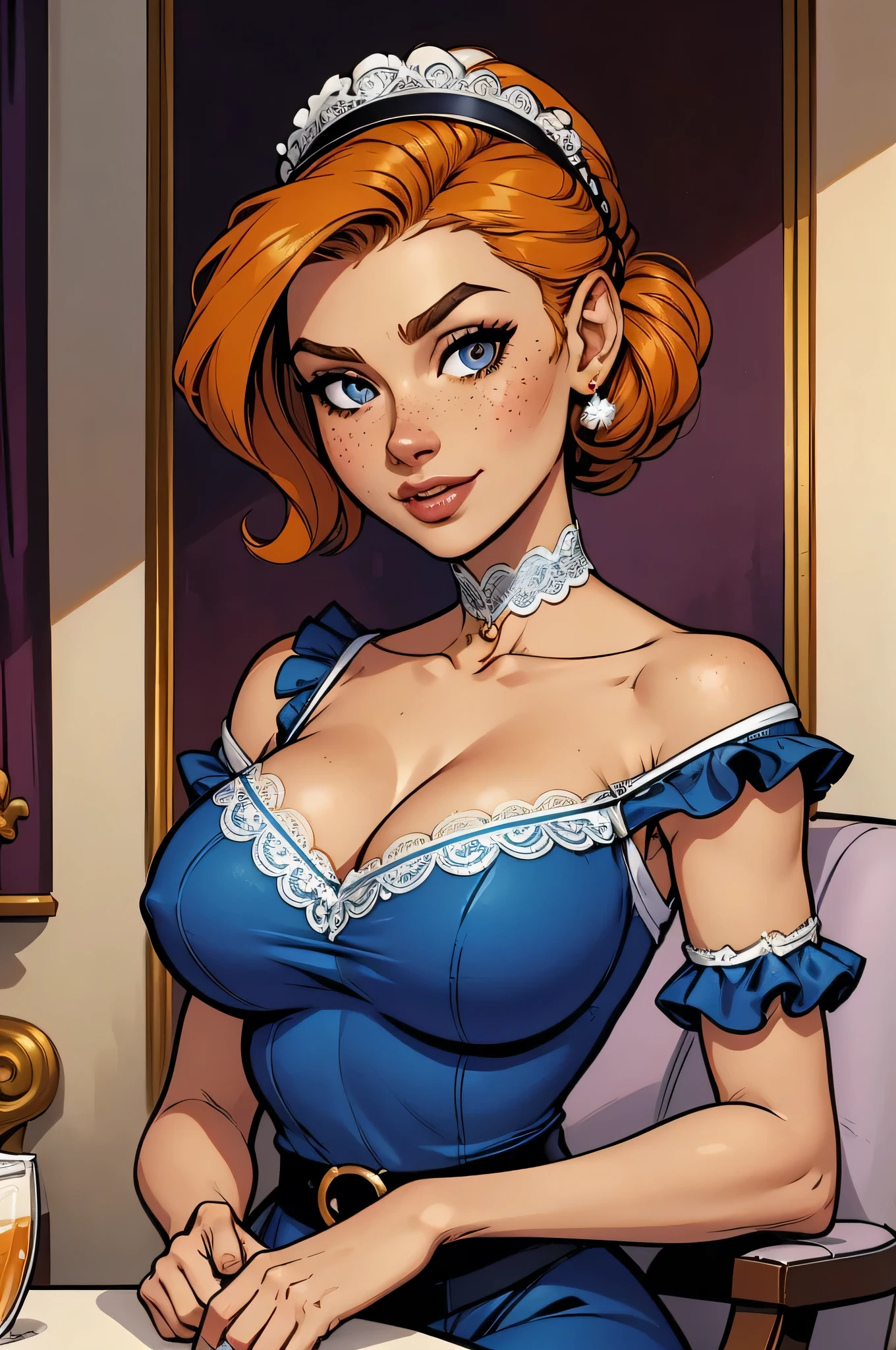 (Annie Hughes), (mom from the 50s), mature woman, caucasian, pale skin, cute lips, perfect eyes, wink, wide hips, thick thighs, large bust, huge breasts, red hair, blue eyes, build, earrings, white gloves, black choker necklace, (blue jean overalls, white shirt, unbuttoned sexy shirt), (thin arms), clothes tight, selfie,