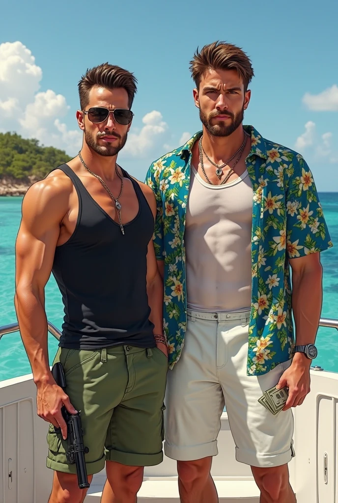 Two handsome males. A male with jawline, brown eyes, brown curly hair, ear piercing, thin brown beard, tattoos, wearing a diamond chain and rolex watch, wearing a blue summer sea short and natural skin color guy,hydrate lips,brown eyes,black messy hair,facial hair, wearing a yellow summer sea short, both of them standing on a luxurious white private yacht, both sitting on a streching chair in edge of yacht and both drinking a glass of beer, doing cheers, sunset time.