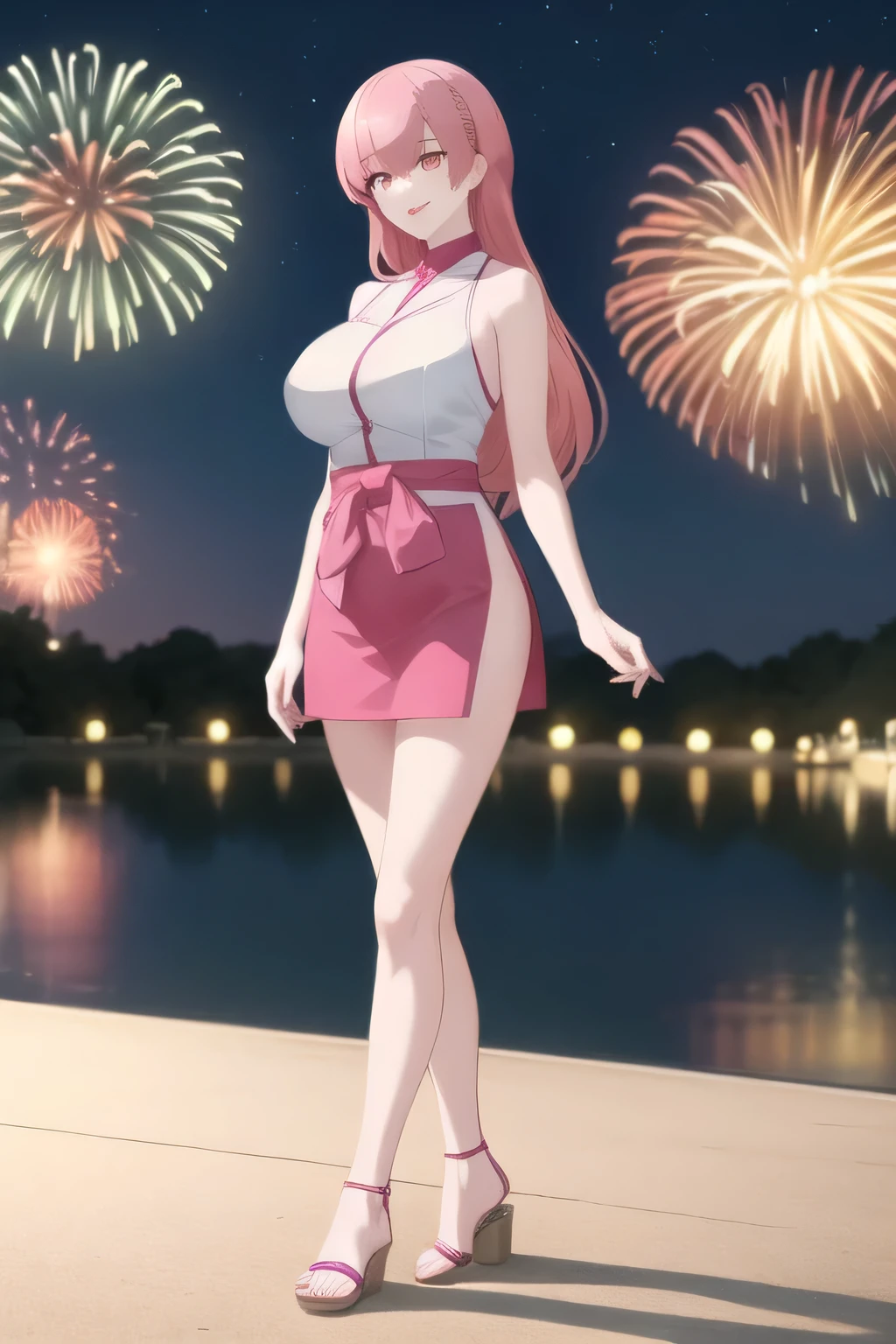 woman with long pink hair,Women with Adorable Smiles,Please draw facial expressions even more delicately,,sleeveless blouse,miniskirt,big boobs,big boobsでもウエストが細い,, ,participating in a summer fireworks festival,Outdoors,is by the river,Riverbed on the riverbank,can you draw a woman watching fireworks,sandals,Barefoot,I'm attending a summer festival, grimace,,Cool Night,Smile Yang ,big boobs,An attractive woman in her 20s , , , big breasts, thin waist , , ,Animated CG,,