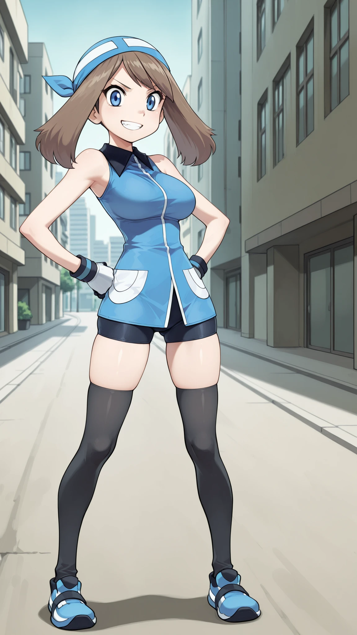 adult older sister, Tall, big boobs, left hand on hips, black knee-high stockings, Absolute region, thighs, Blue shoes, ((top quality)), ((masterpiece)), ((details)), ((anime screenshot, anime cong, )) SapphireBirchILXL, solo, 1girl, two legs, two arms, anime coloring book, 1 woman, Age 18, Full Body, slim sexy body that can be licked by mobs, Brown hair color , twin tails, blue eyes, A determined smile, teeth, blue bandana, blue sleeveless tunic, Miwaki, black mini bike shorts, gloves, watch viewers, standing, City, Sidewalk, May, (\Pokémon\), score_9, score_8_excellent, score_7_excellent, score_6_excellent, Source_anime, Cell Shading, gradation background, vector,