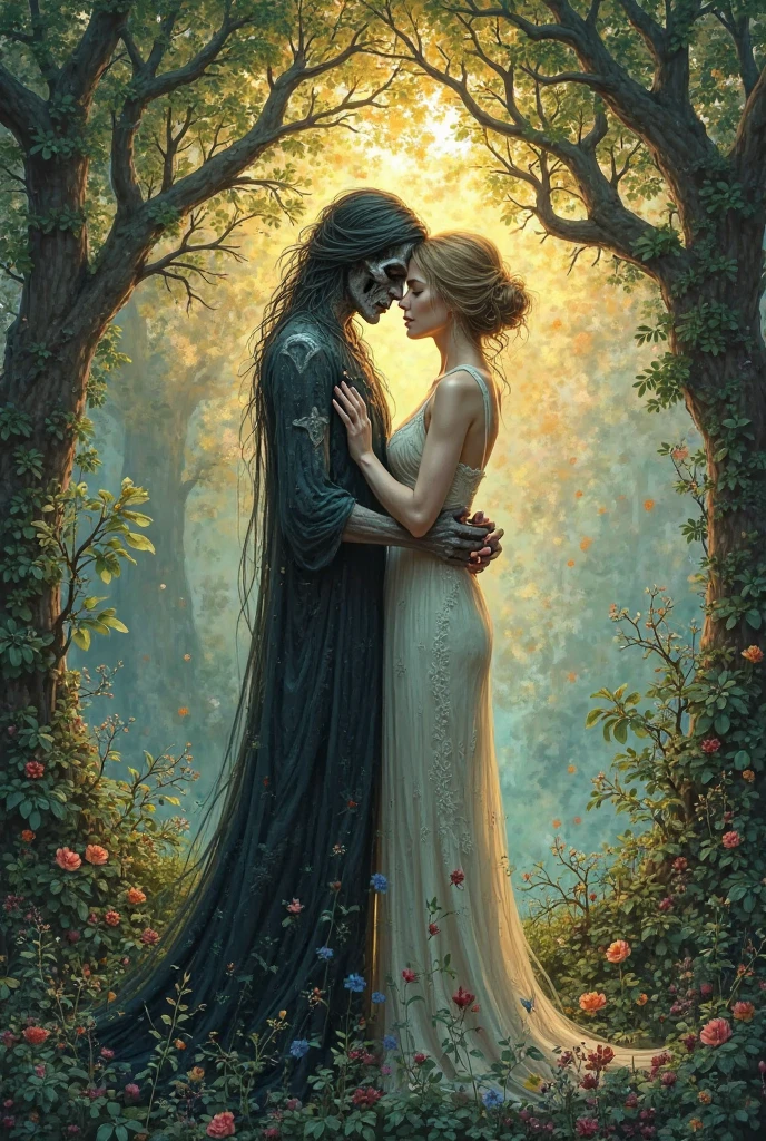 Make a dreamy mysterious horror style image symbolizing the embracement of nature, embrace ancient cults, embrace life and death, symbols