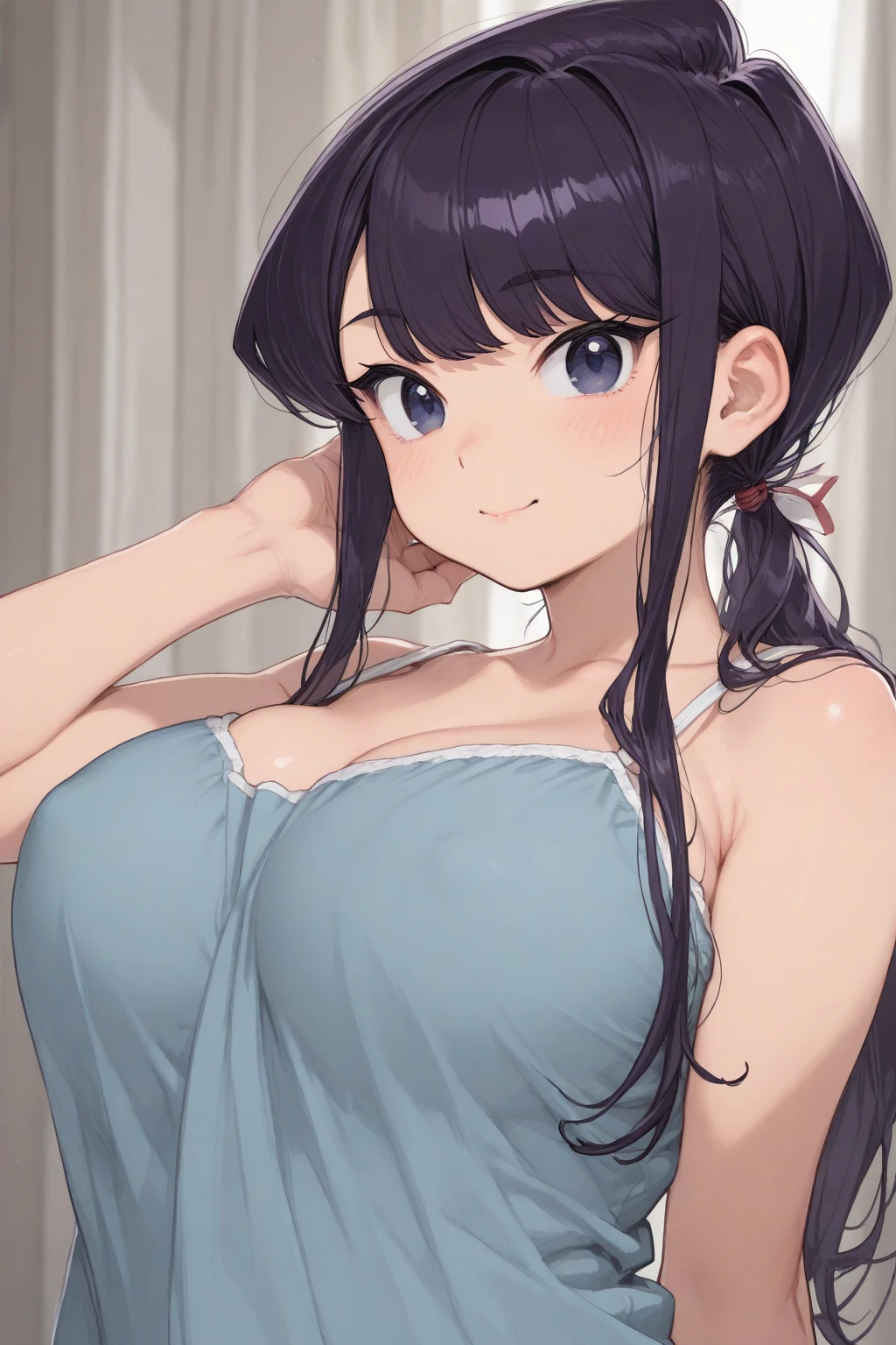 toujou_nozomi, 1girl, solo, long_hair, breasts, looking_at_viewer, blush, smile, large_breasts, simple_background, hair_ornament, cleavage, twintails, closed_mouth, green_eyes, collarbone, swimsuit, upper_body, purple_hair, flower, bikini, frills, signature, hair_flower, dated, low_twintails, white_bikini, scrunchie, frilled_bikini, hand drawing style 