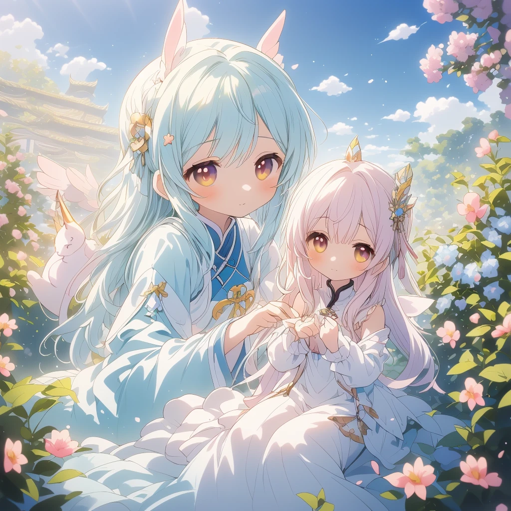 Yumekawa 、Cute as a dream、a pale、Moya、(masterpiece、top-quality、top-quality、watercolor paiting(Curly)、Take a cute cat、Official art、Beautifully Aesthetic:1.2)、(a beauty girl:1.3)、patterns、(rainbow-colored hair、colourful hair:1.2)、Soap bubbles、Rainbow behind、clouds、colourfull、Soap bubbles、Hair spreads throughout、kawaii、pastels、Large ribbon、Lovely room、Rainbow Cat Plush Toy